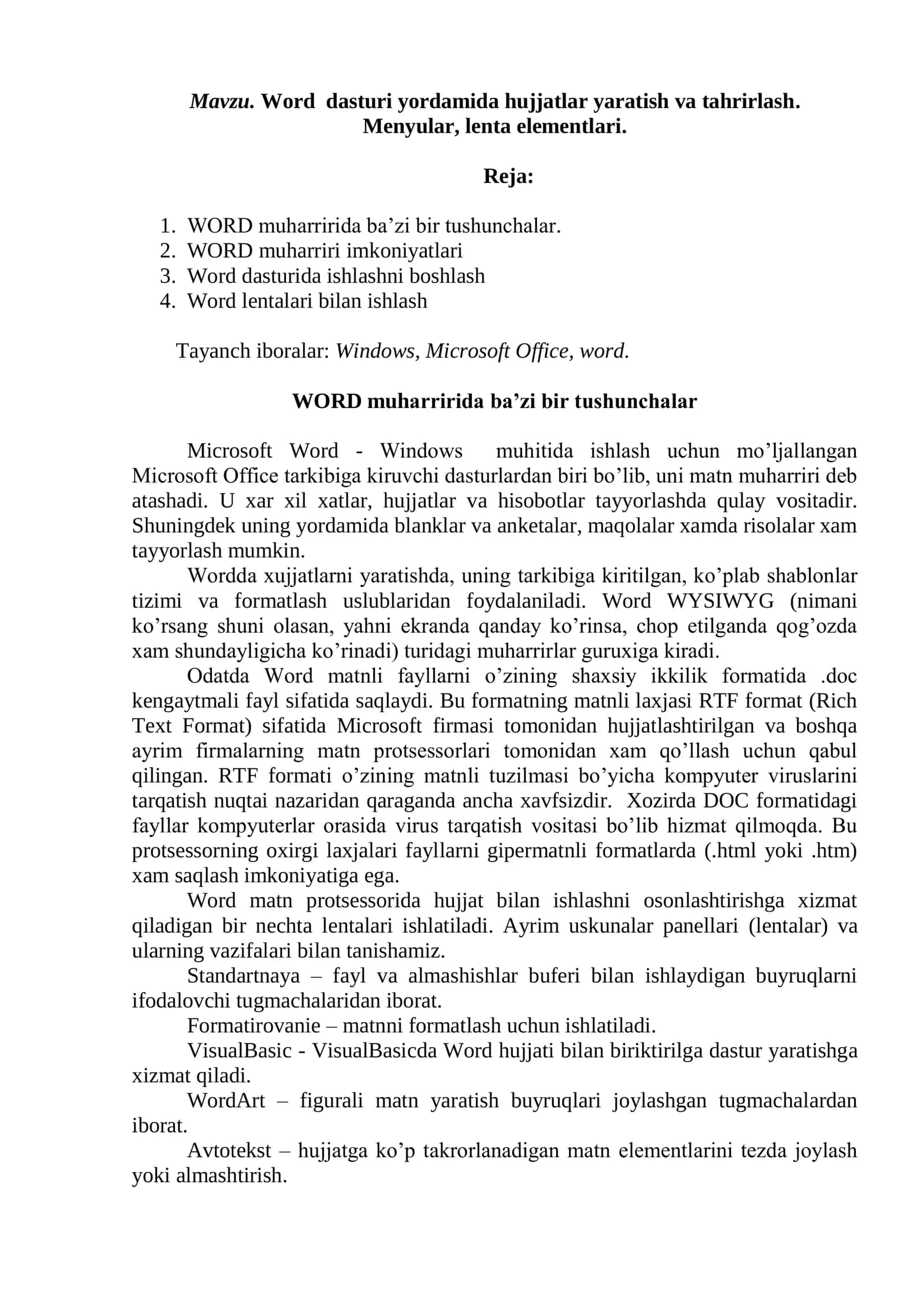 Word dasturi yordamida hujjatlar yaratish va tahrirlash. Menyular, lenta elementlari