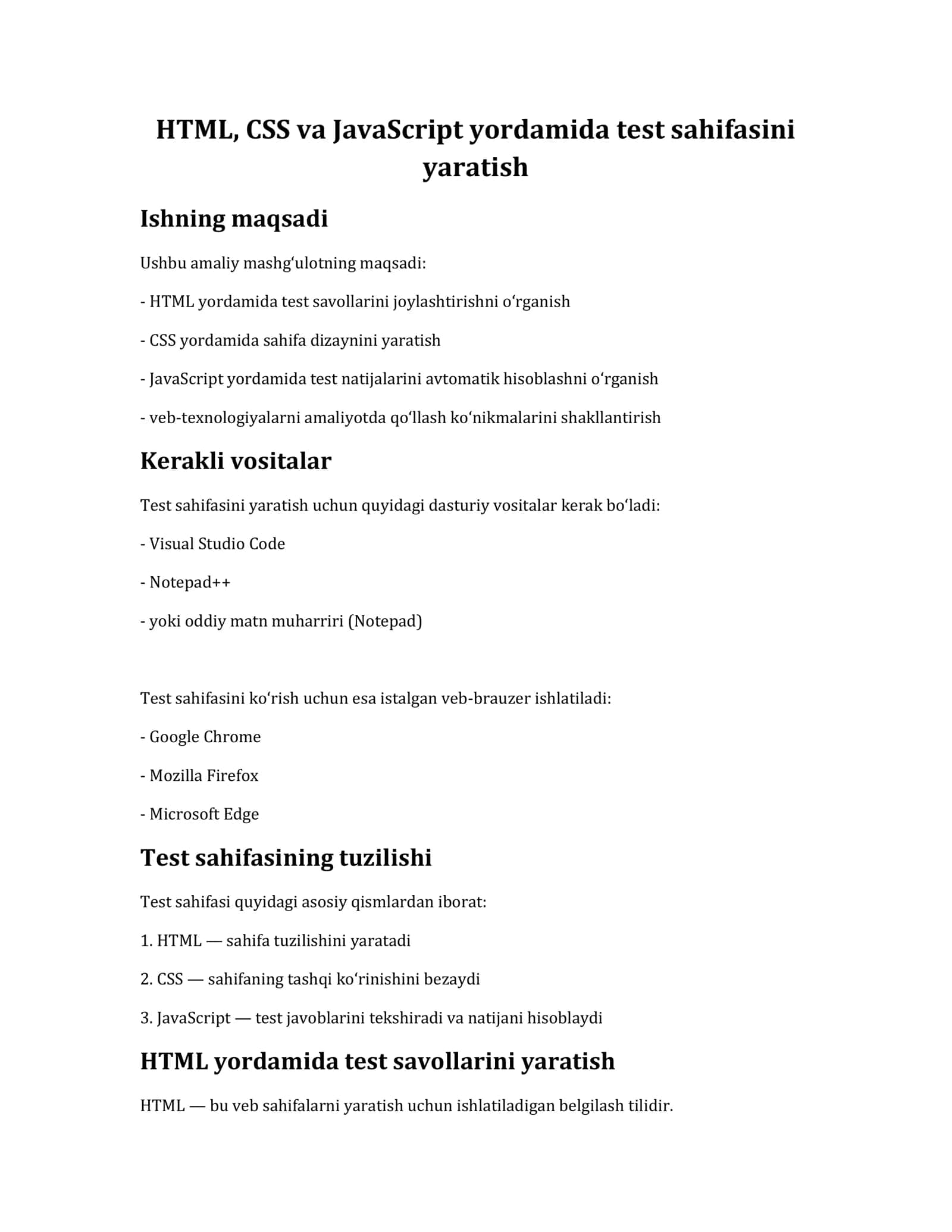 HTML, CSS va JavaScript yordamida test sahifasini yaratish