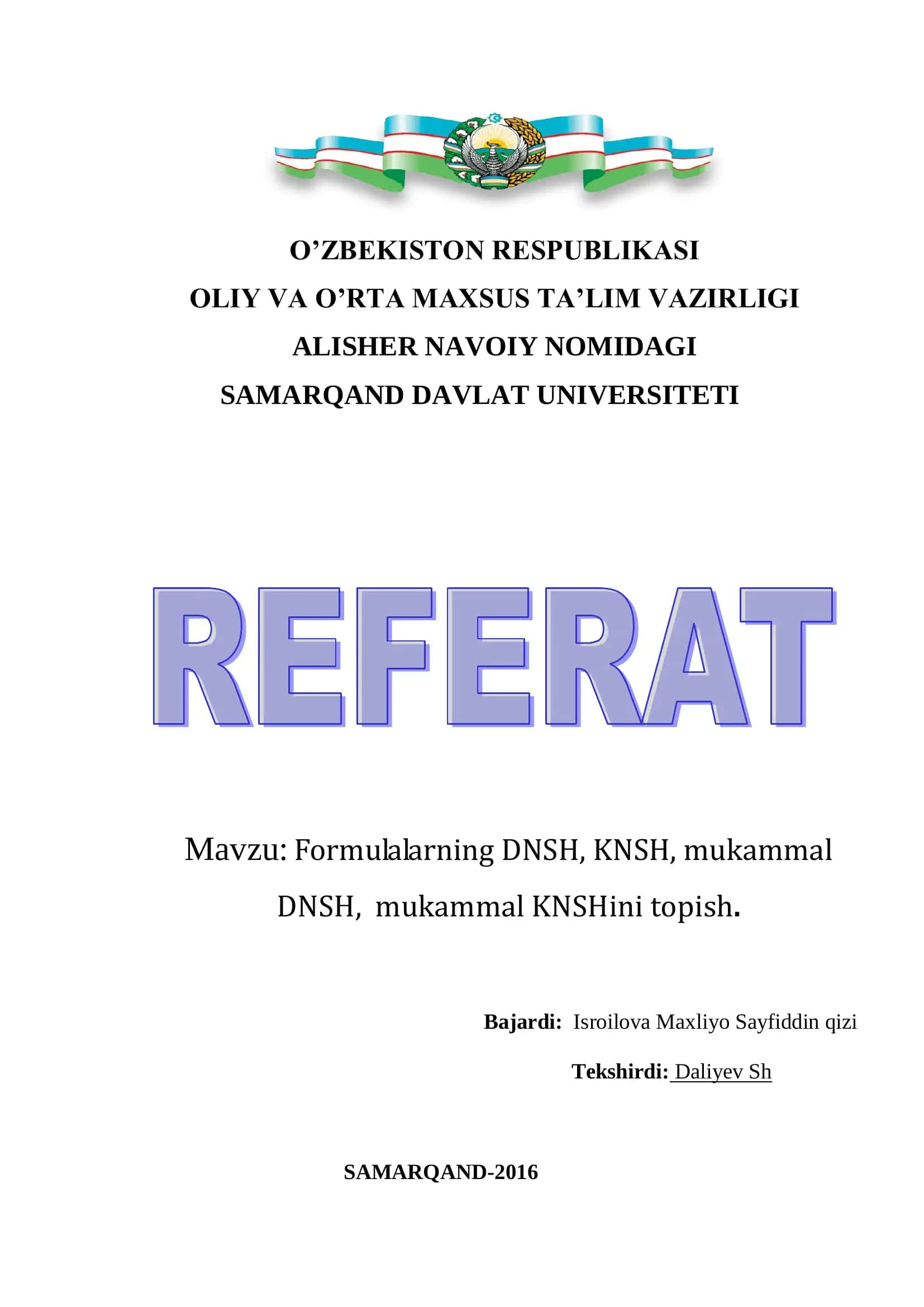 Formulalarning DNSH, KNSH, mukammal DNSH, mukammal KNSHini topish