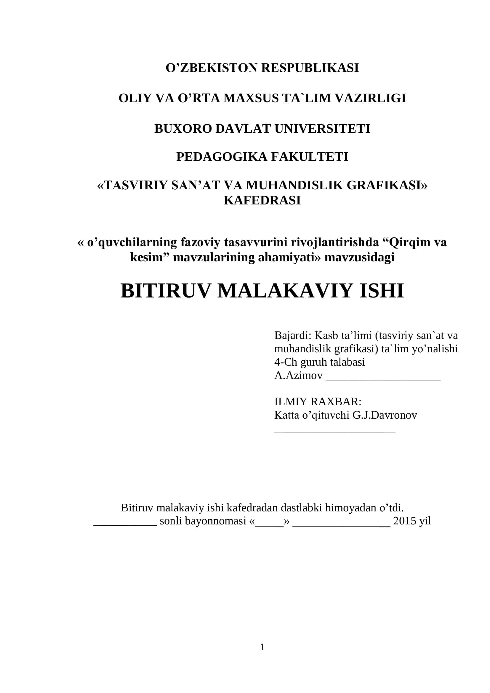 Qirqim va kesim mavzusidagi BITIRUV MALAKAVIY ISHI