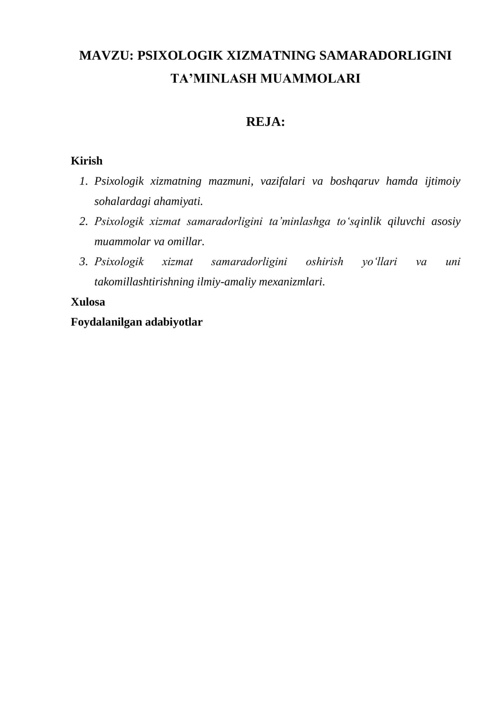 PSIXOLOGIK XIZMATNING SAMARADORLIGINI TAʼMINLASH MUAMMOLARI