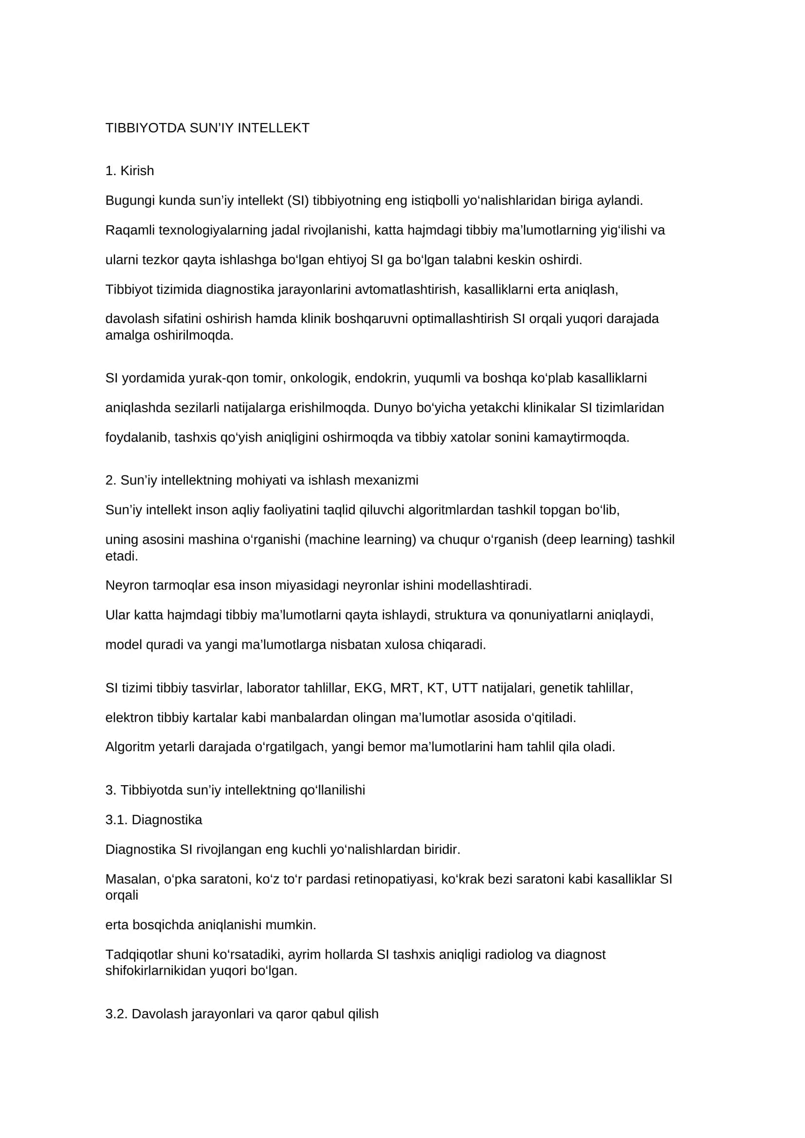TIBBIYOTDA SUN’IY INTELLEKT