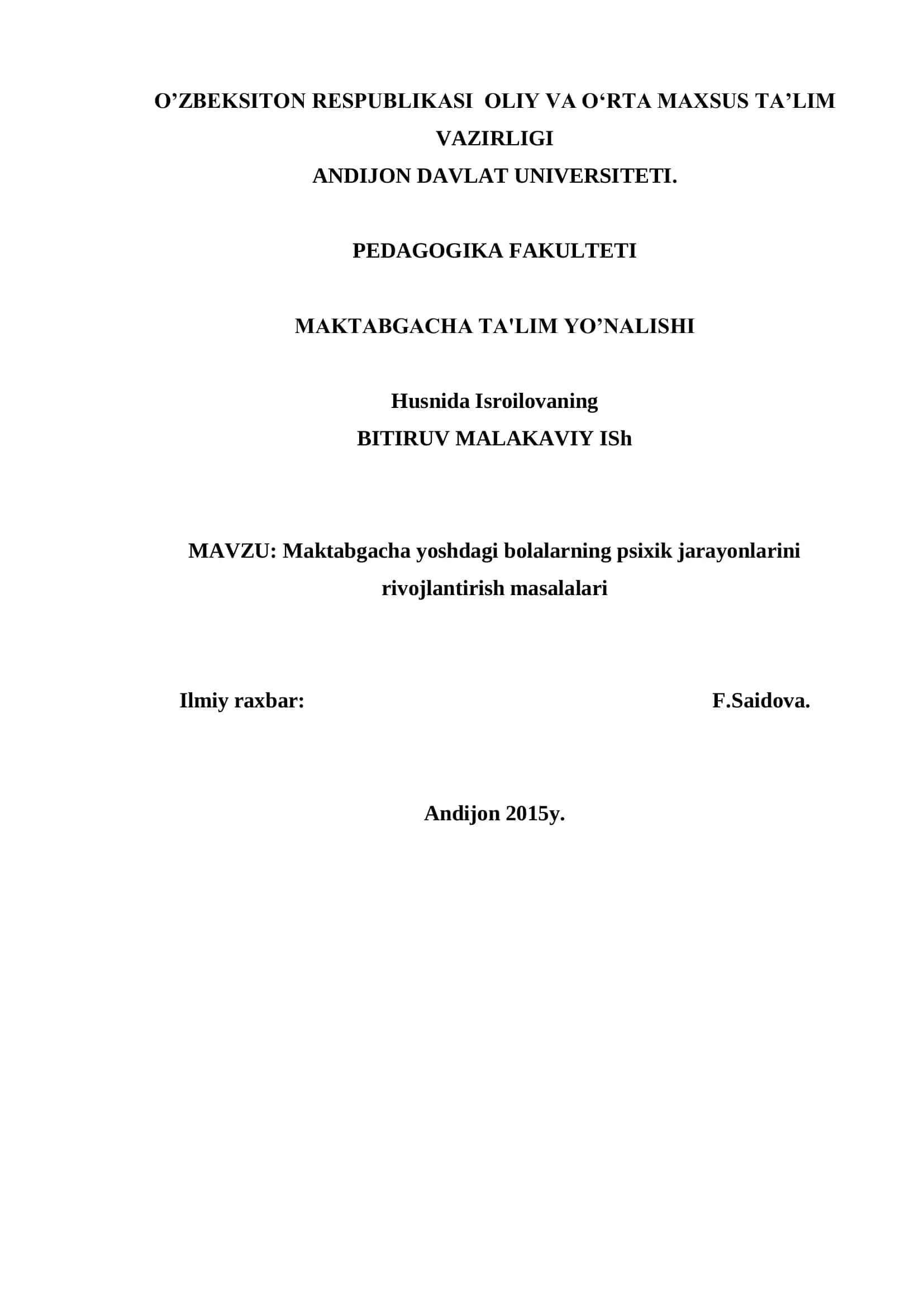 Maktabgacha yoshdagi bolalarning psixik jarayonlarini rivojlantirish masalalari