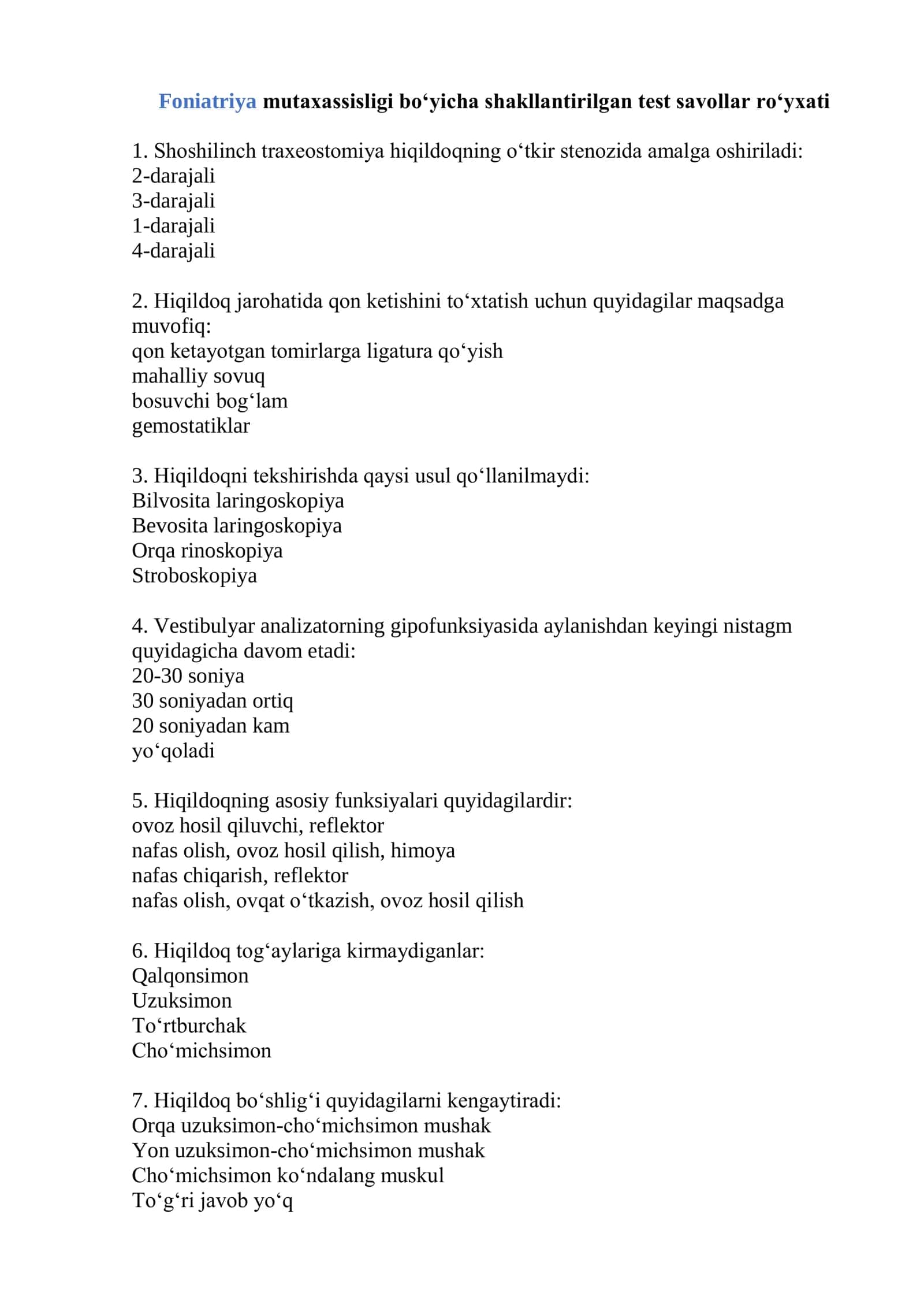 Foniatriya mutaxassisligi bo‘yicha shakllantirilgan test savollar ro‘yxati 2026