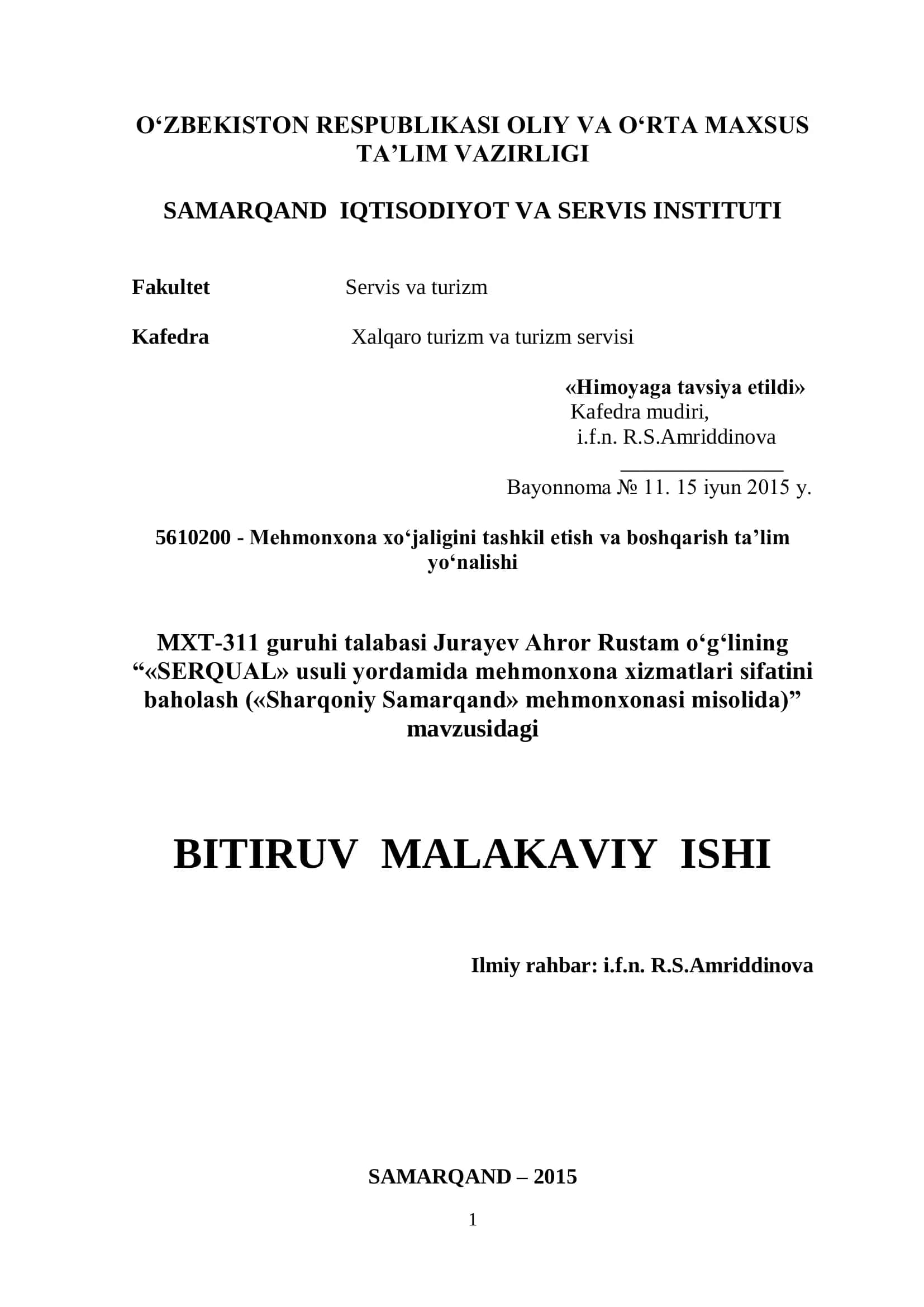 Mehmnonxona xizmatlari sifatini baholash («Sharqoniy Samarqand» mehmonxonasi misolida)