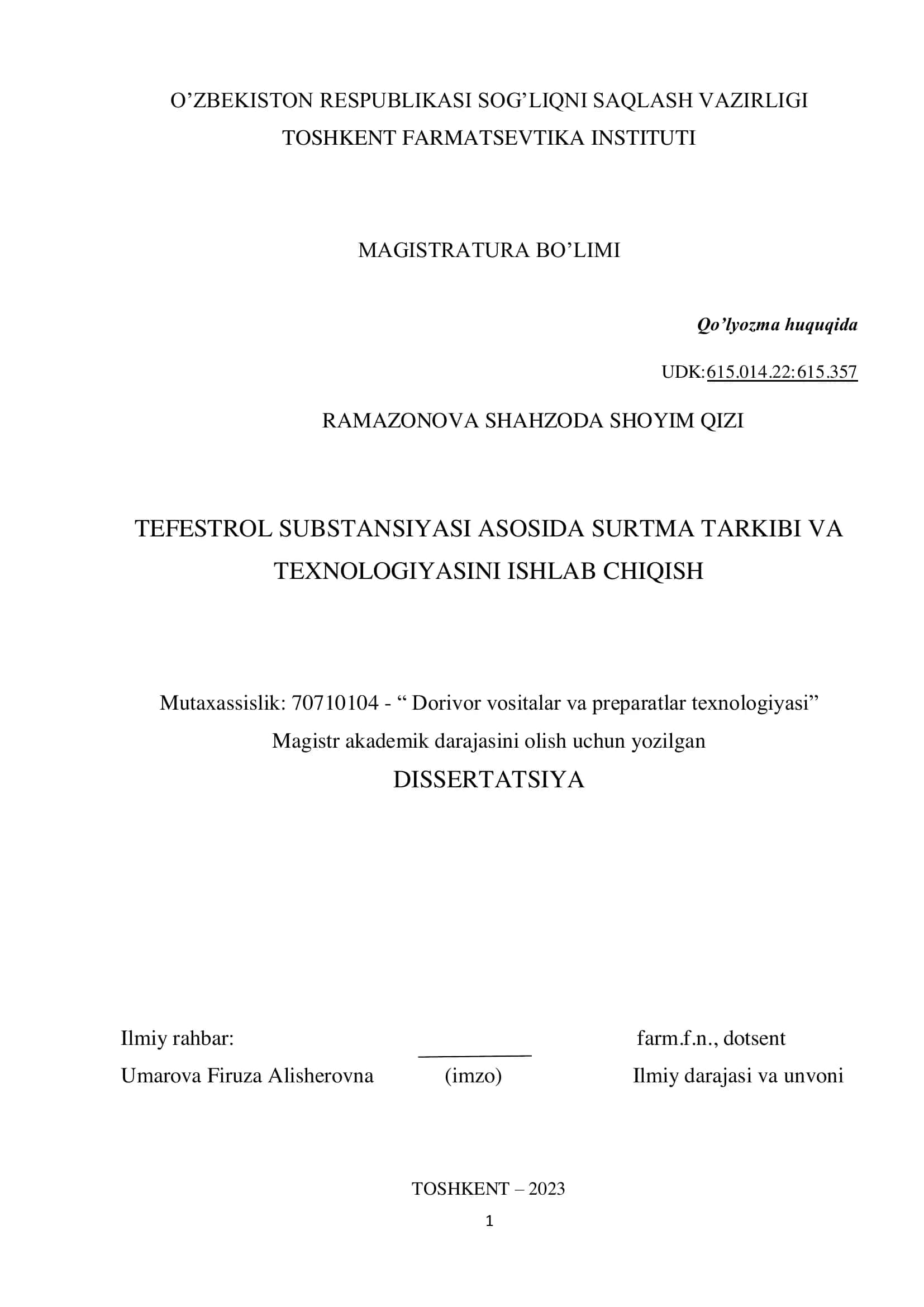 Tefestrol Substansiyasi Asosida Surtma Tarkibi va Texnologiyasini Ishlab Chiqish