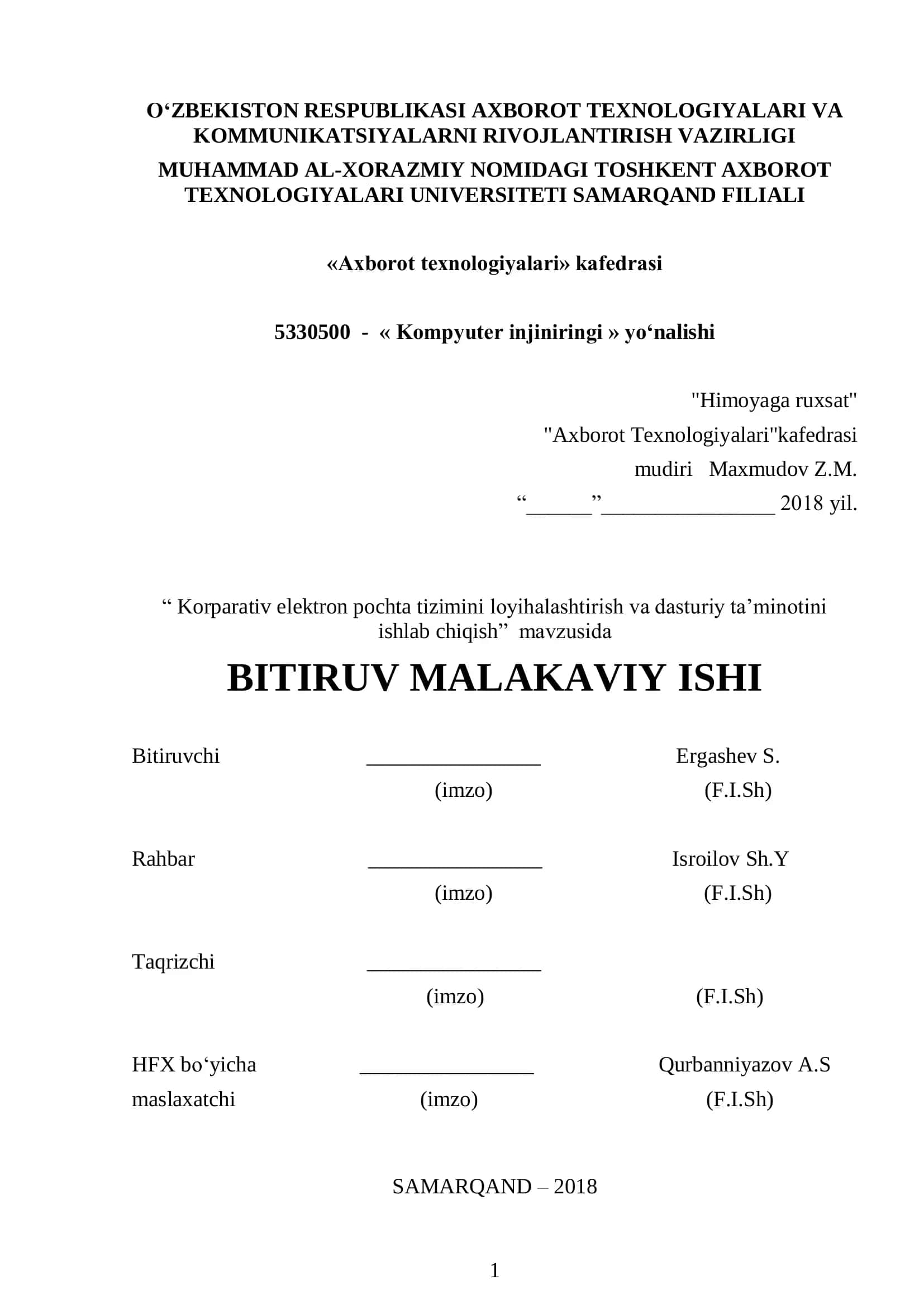 Korporativ elektron pochta tizimini loyihalashtirish va dasturiy ta’minotini ishlab chiqish