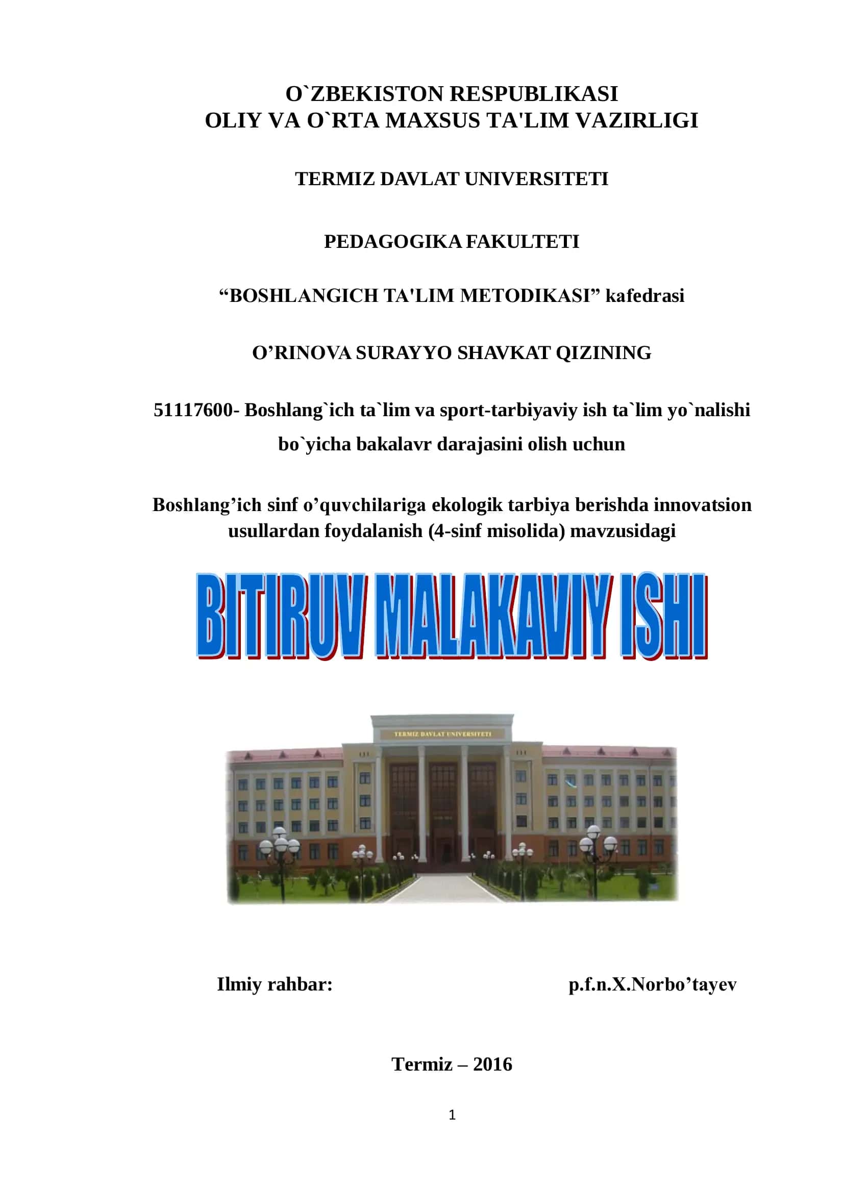 Boshlang`ich ta`lim va sport-tarbiyaviy ish ta`lim yo`nalishi