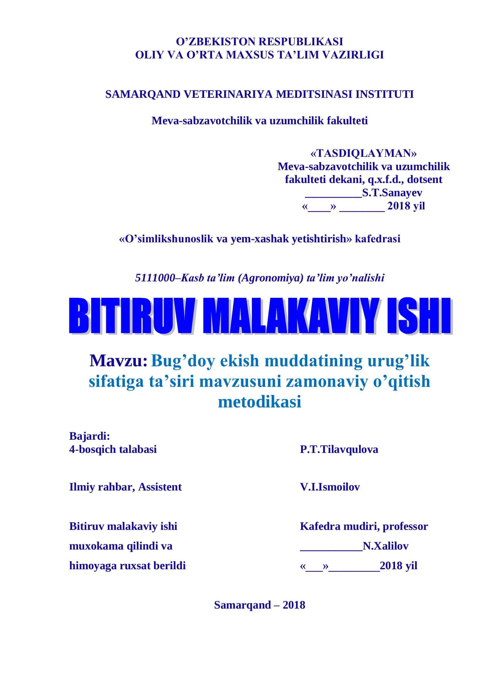 Bug’doy ekish muddatining urug’lik sifatiga ta’siri mavzusuni zamonaviy o’qitish metodikasi