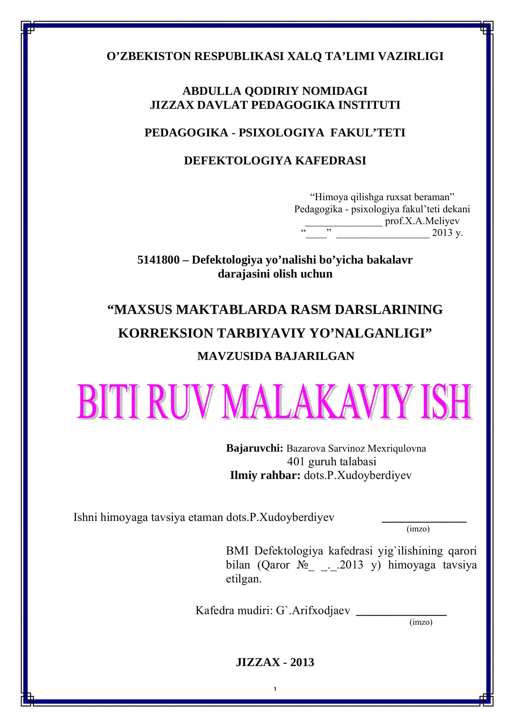 MAKSUS MAKTABLARDA RASM DARSLARINING KORREKSION TARBIYAVIY YO'NALGANLIGI