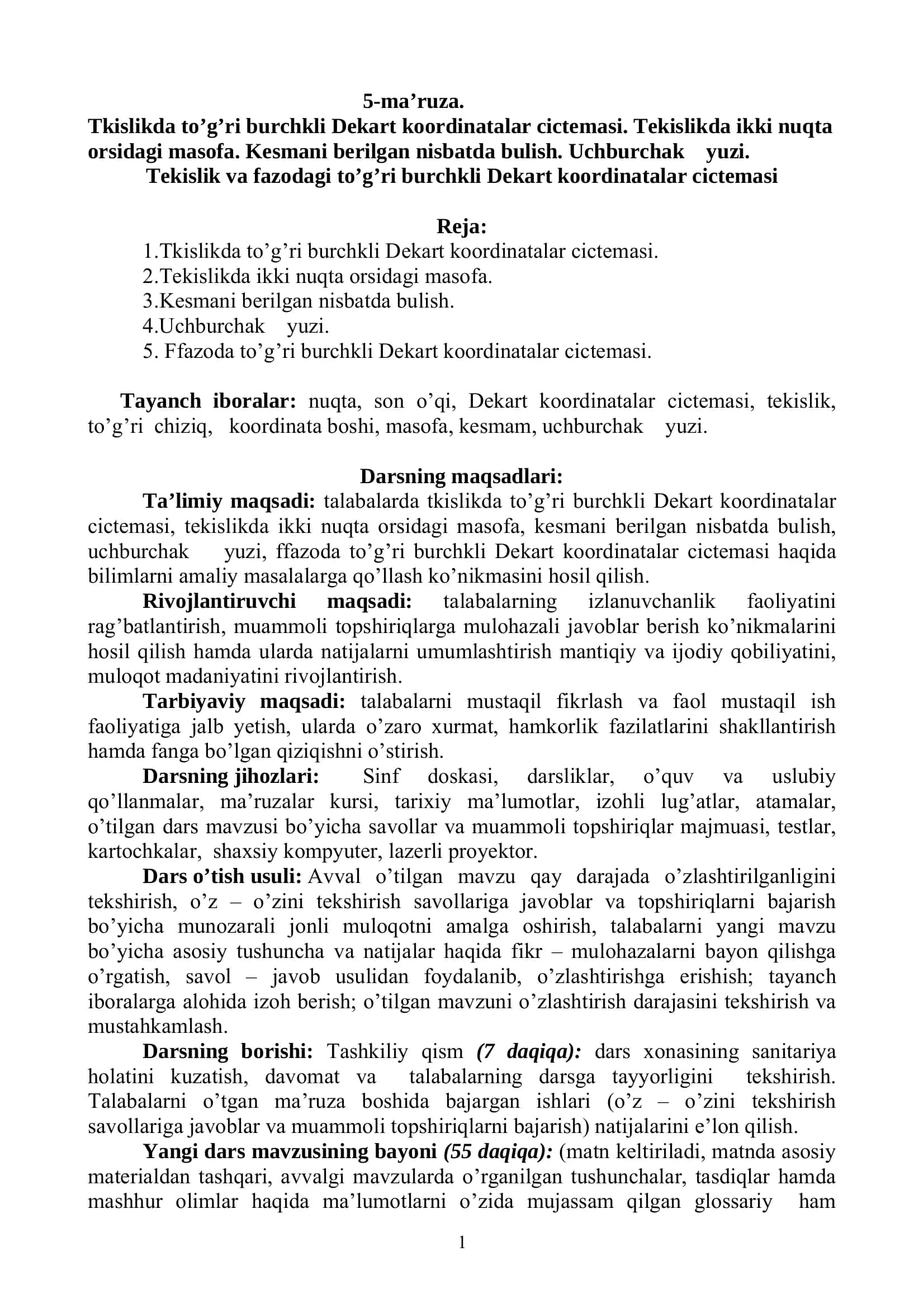 Oliy matematika: Dekart koordinatalar sistemasi, masofa va uchburchak yuzi (PDF)