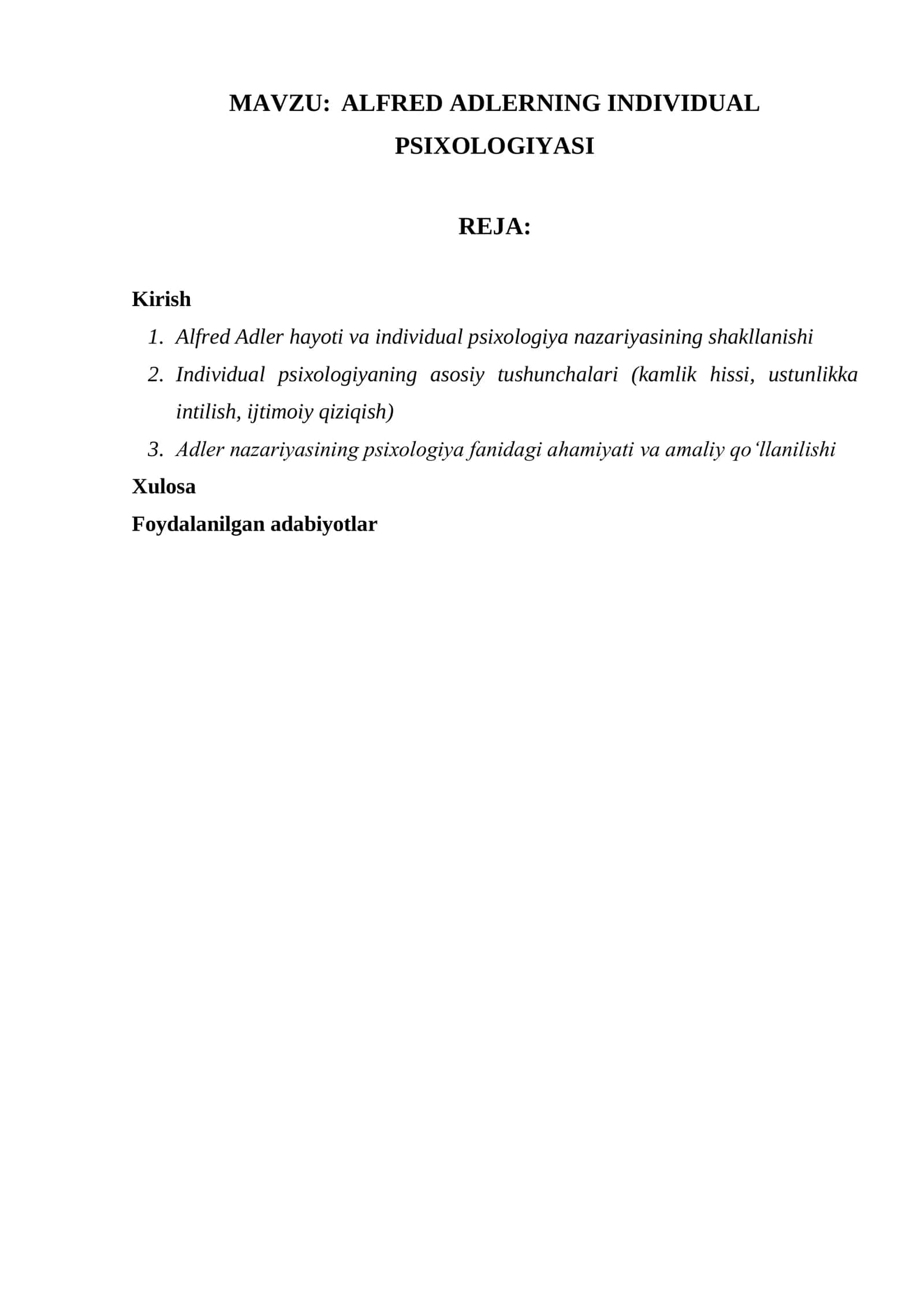ALFRED ADLERNING INDIVIDUAL PSIXOLOGIYASI
