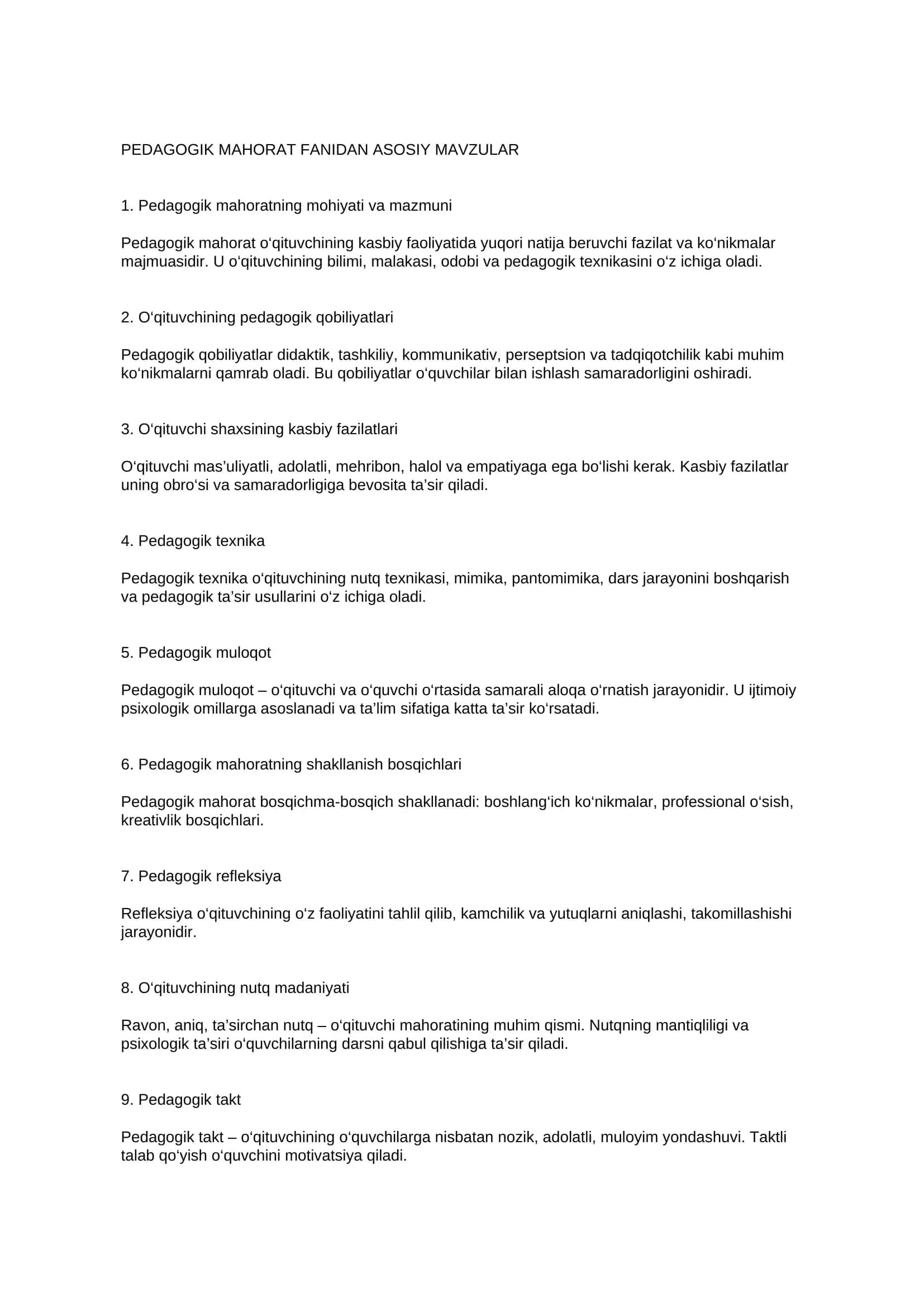 Pedagogik Mahorat Fanidan Asosiy Mavzular