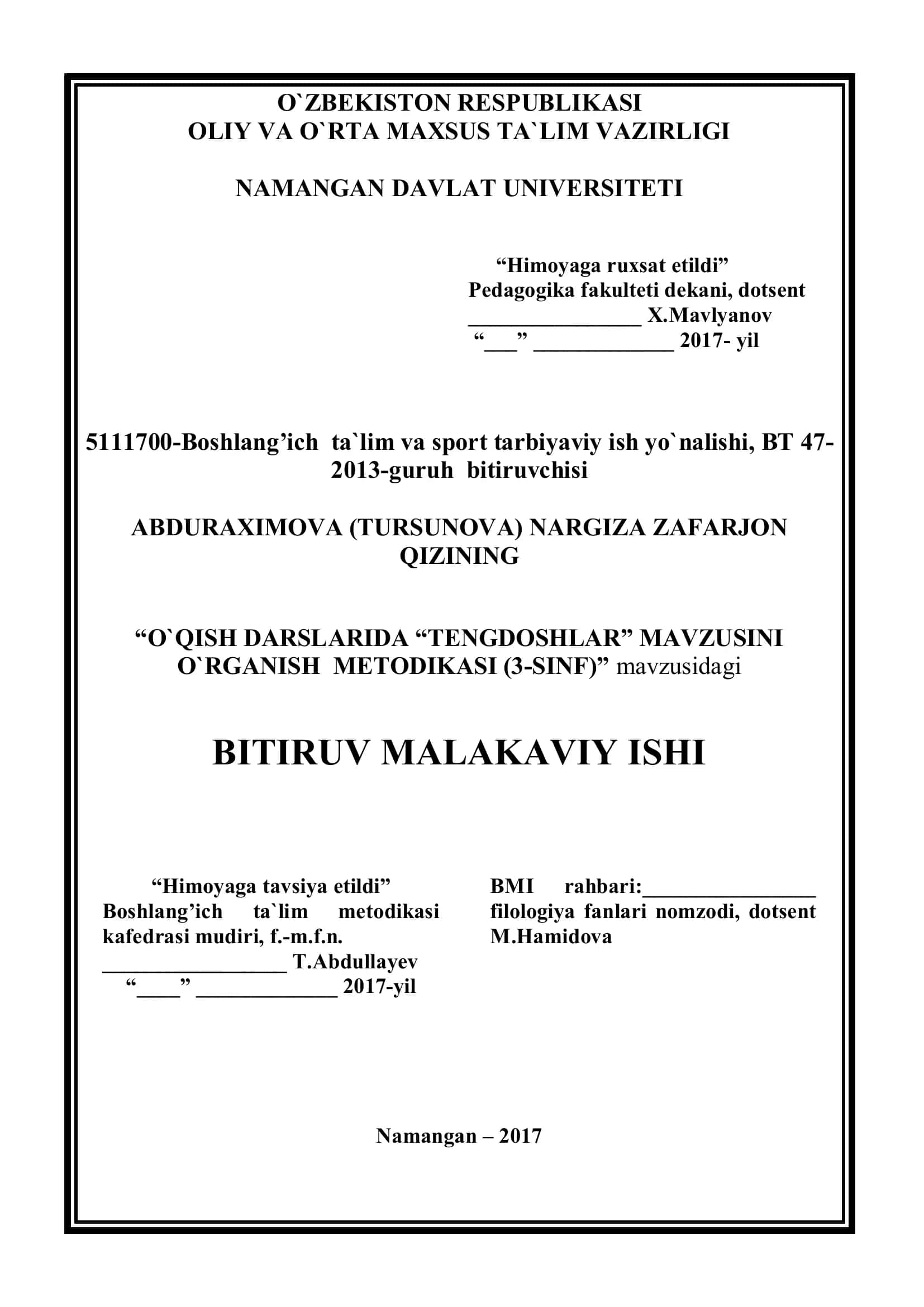 O`QISH DARSLARIDA “TENGDOSHLAR” MAVZUSINI O`RGANISH METODIKASI (3-SINF)