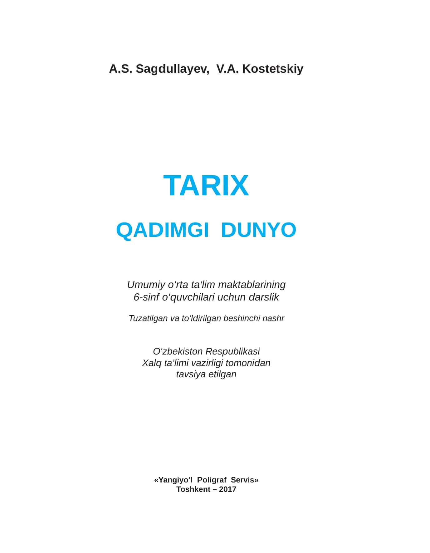 Tarix. Qadimgi dunyo 6-sinf: umumiy o‘rta ta’lim maktablarining 6-sinfi uchun darslik