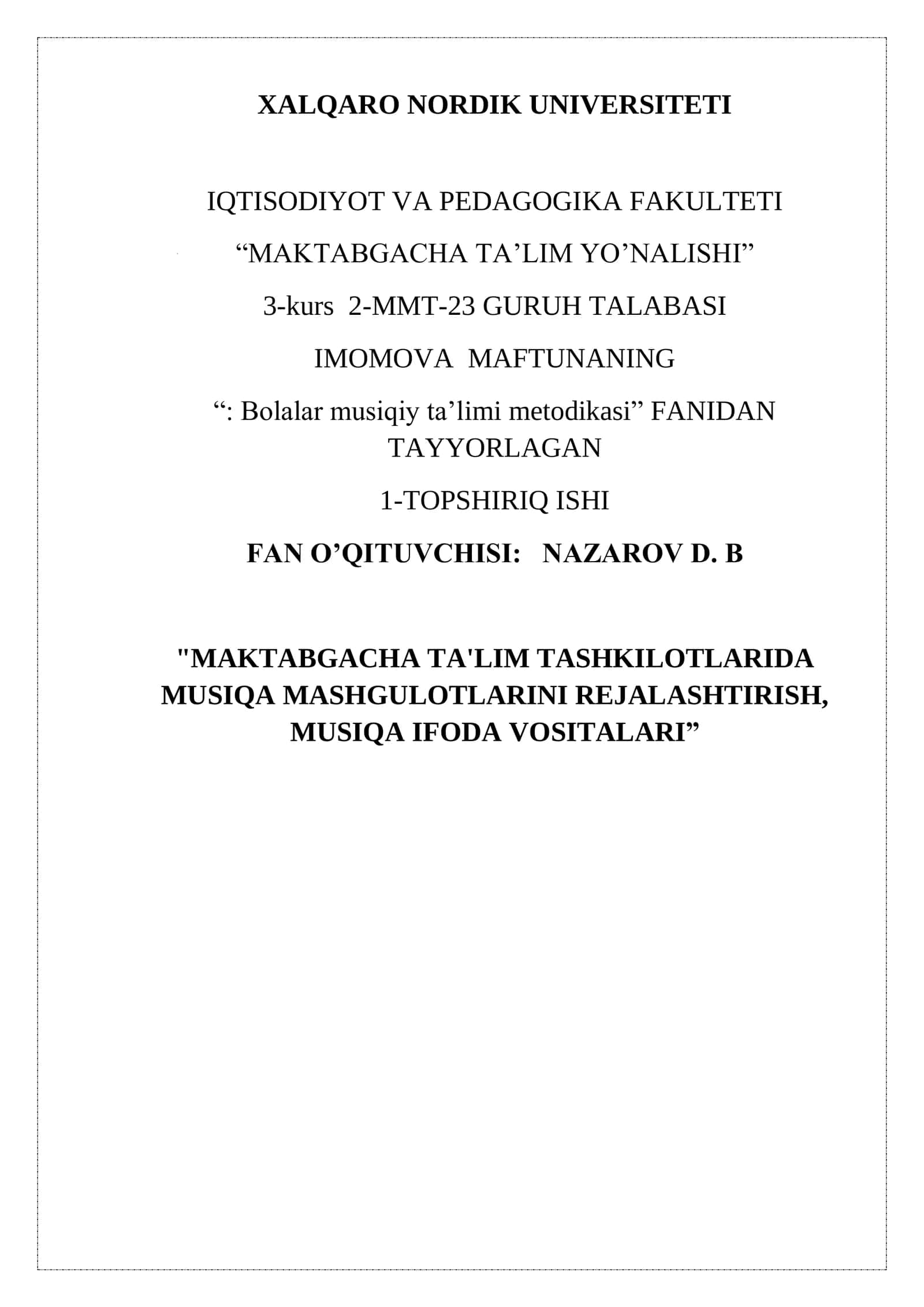 Musiqa mashg'ulotlari rejalashtirish va ifoda vositalari