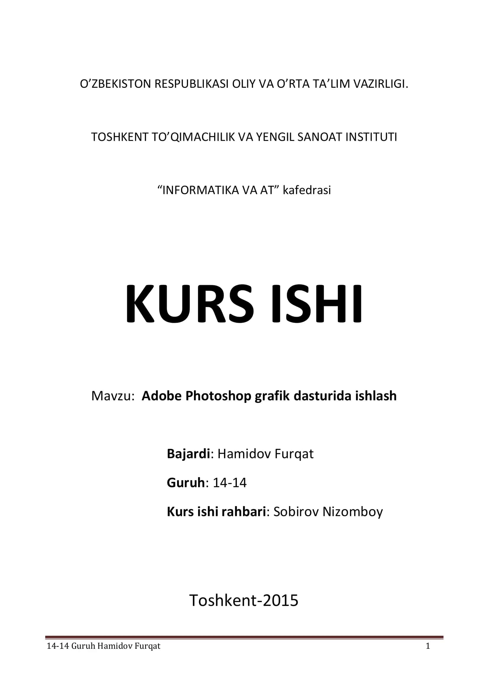 Adobe Photoshop grafik dasturida ishlash