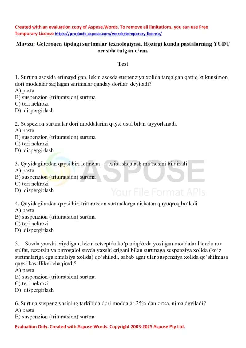 Geterogen tipdagi surtmalar texnologiyasi. Hozirgi kunda pastalarning YUDT orasida tutgan o'rni. Test 10 ta, javobli.