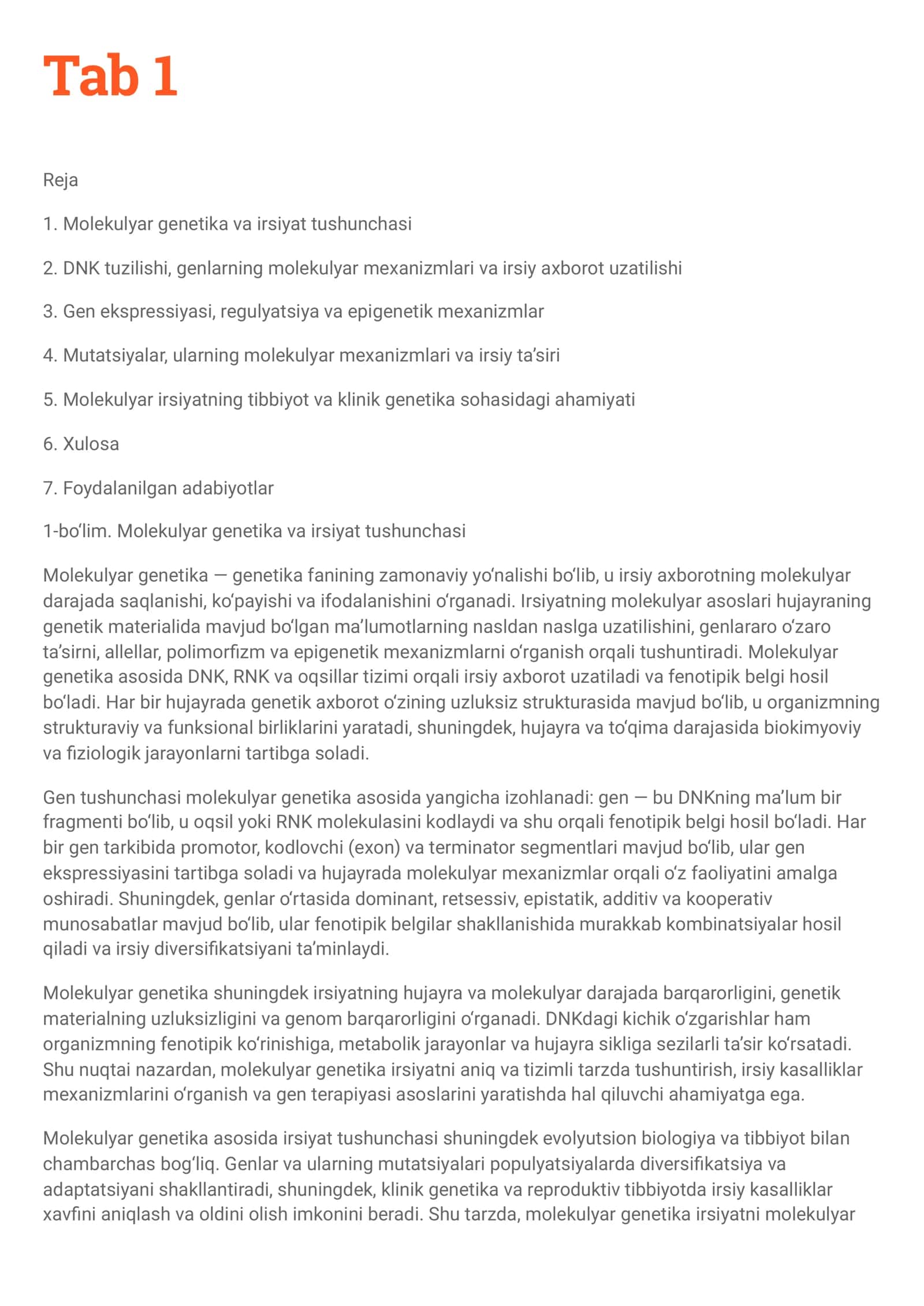 Molekulyar genetika va irsiyat tushunchasi