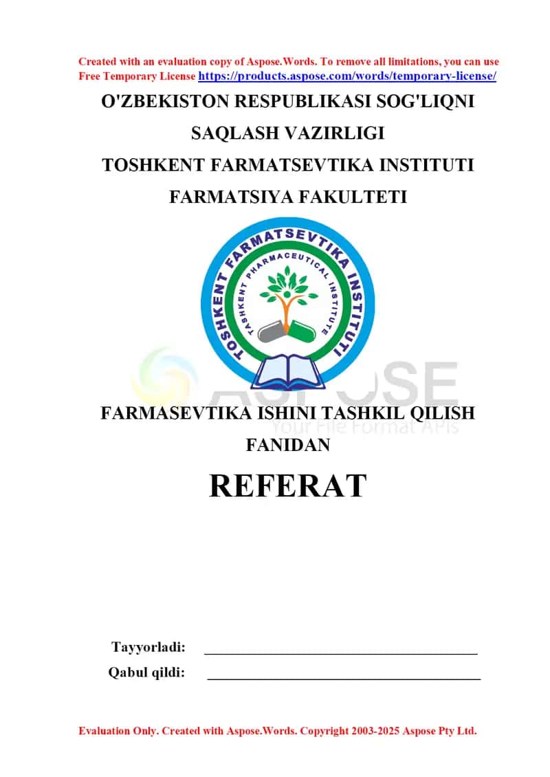 18. Giyohvand dori vositalariga litsenziya berish tartibi. Referat 10 bet.
