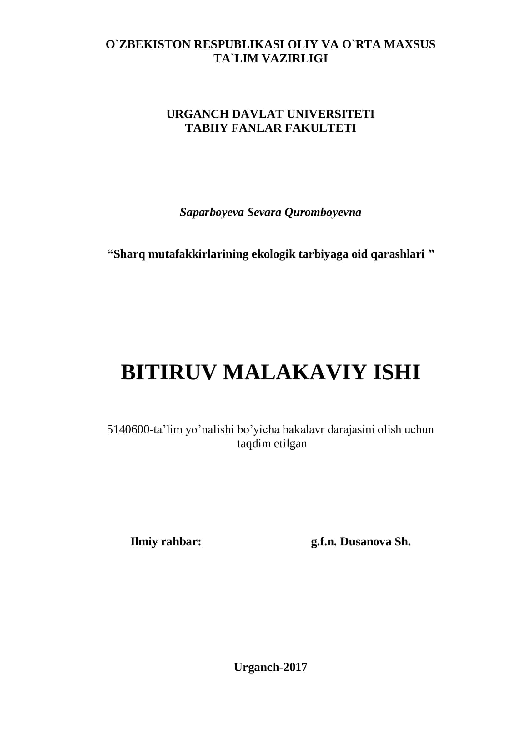 "Sharq mutafakkirlarining ekologik tarbiyaga oid qarashlari"