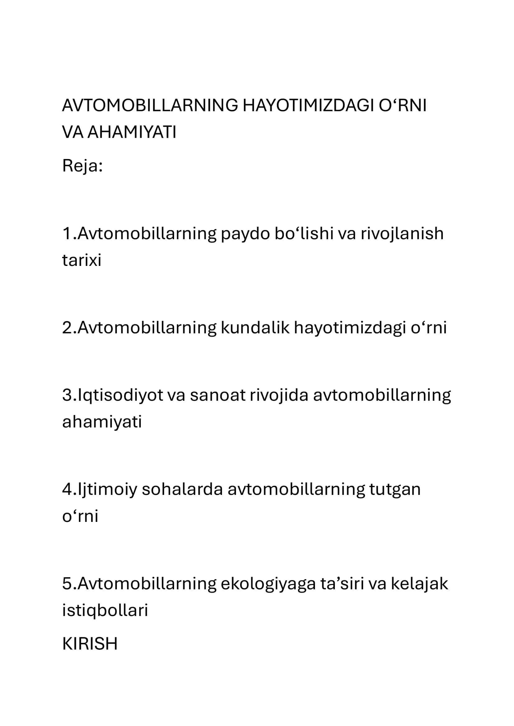 Avtomobillarning inson hayotidagi oʻrni va ahamiyati