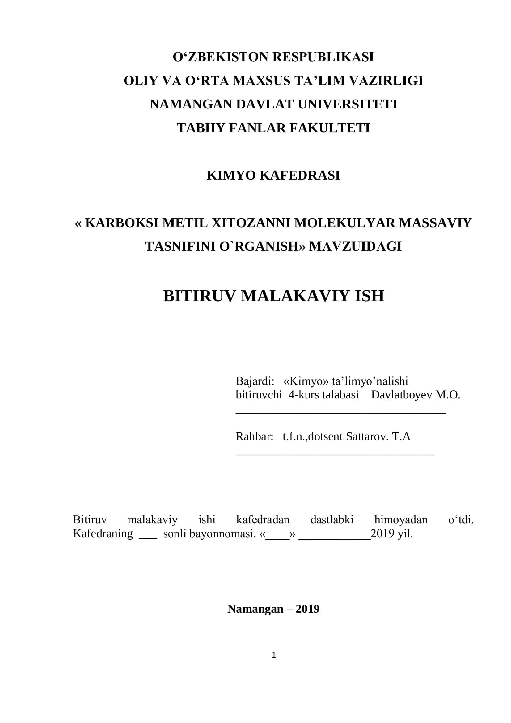 "KARBOKSI METIL XITOZANNI MOLEKULYAR MASSAVIY TASNIFINI O`RGANISH" MAVZUIDAGI BITIRUV MALAKAVIY ISH