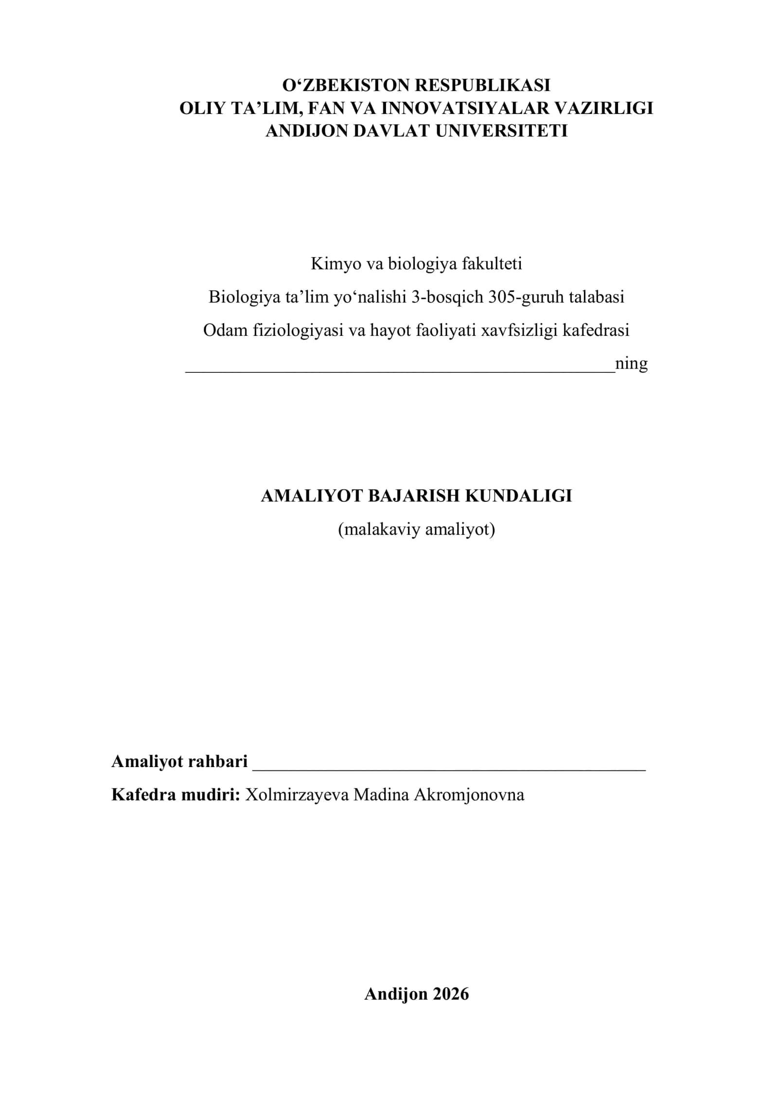 AMALIYOT BAJARISH KUNDALIGI (malakaviy amaliyot)