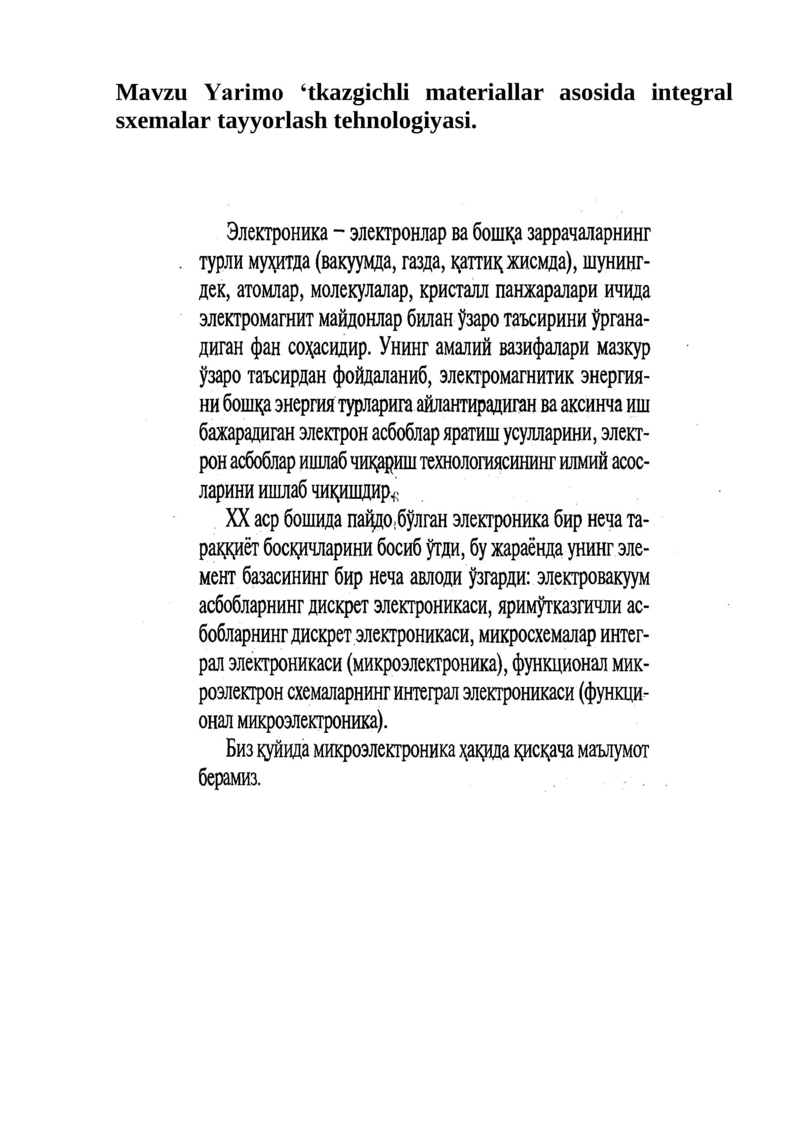 Yarimo ‘tkazgichli materiallar asosida integral sxemalar tayyorlash tehnologiyasi