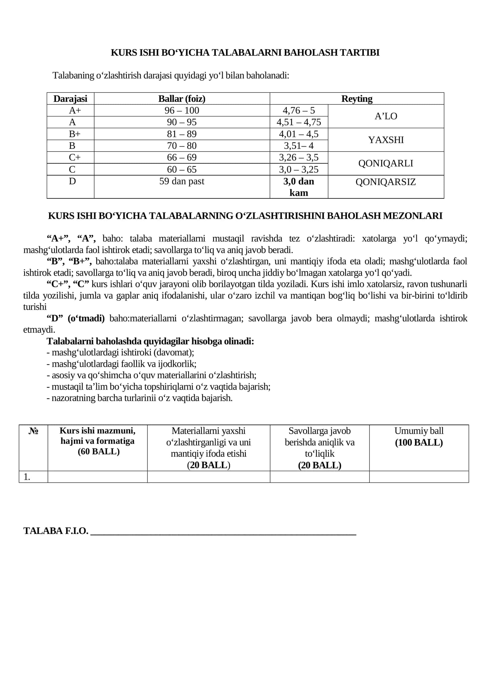 KURS ISHI BO‘YICHA TALABALARNI BAHOLASH TARTIBI