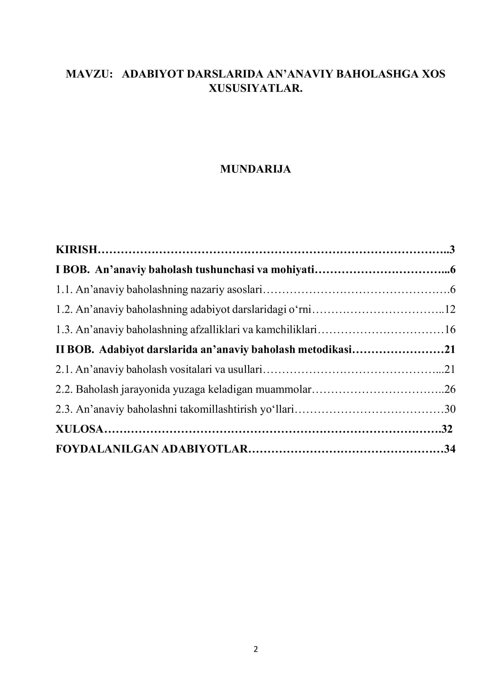 ADABIYOT DARSLARIDA AN’ANAVIY BAHOLASHGA XOS XUSUSIYATLAR