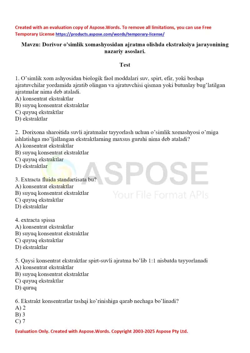 Dorivor o'simlik xomashyosidan ajratma olishda ekstraksiya jarayonining nazariy asoslari. Test 10 ta, javobli.
