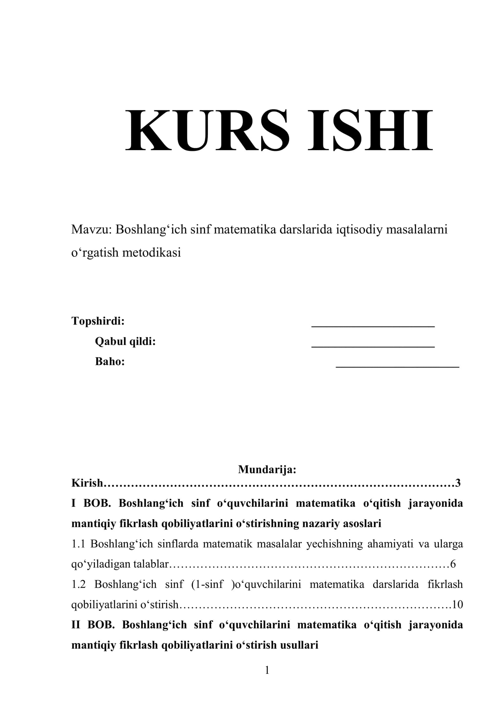 Boshlang‘ich sinf matematika darslarida iqtisodiy masalalarni o‘rgatish metodikasi
