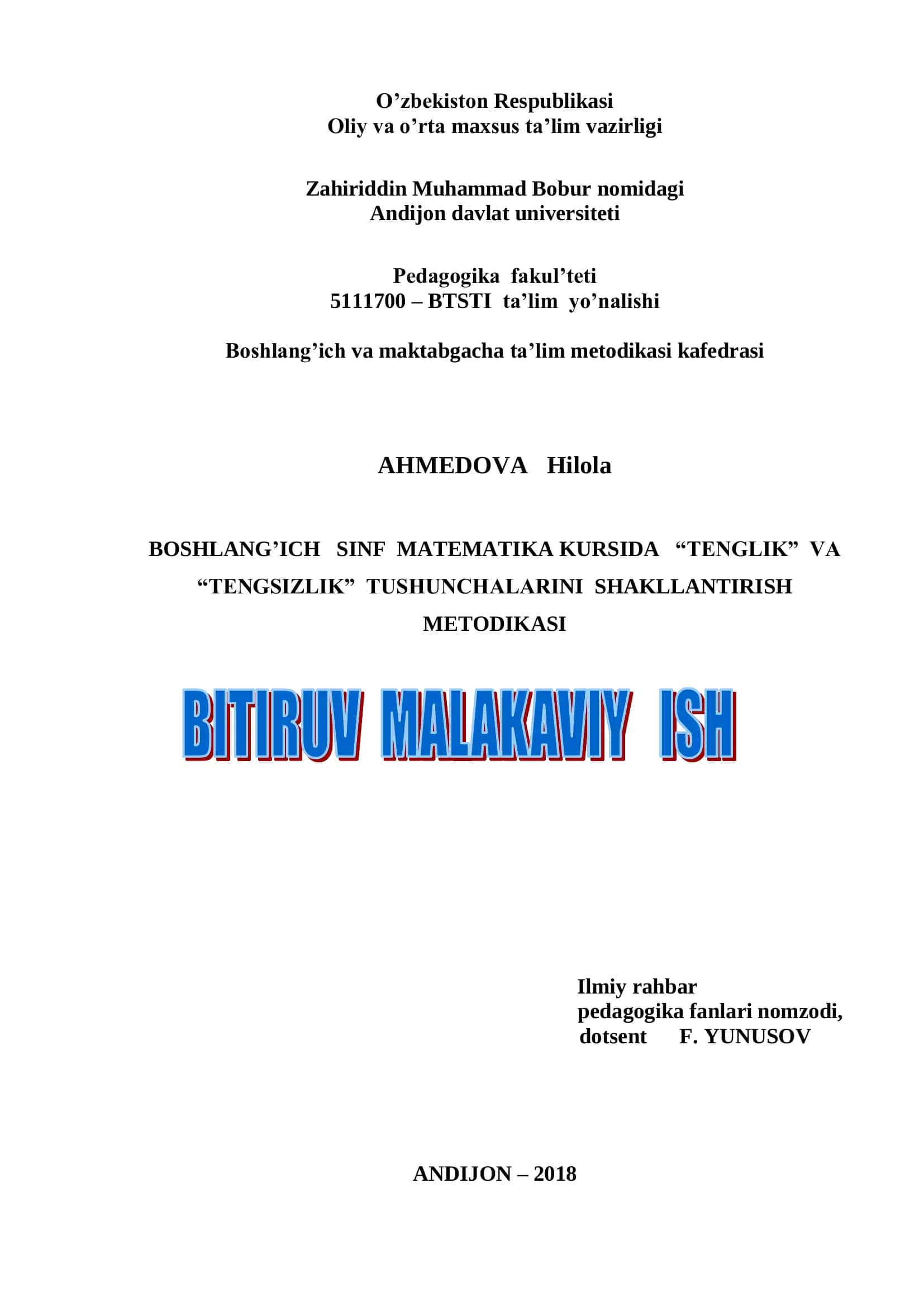 Boshlang’ich sinf matematika kursida “Tenglik” va “Tengsizlik” Tushunchalarini Shakllantirish Metodikasi
