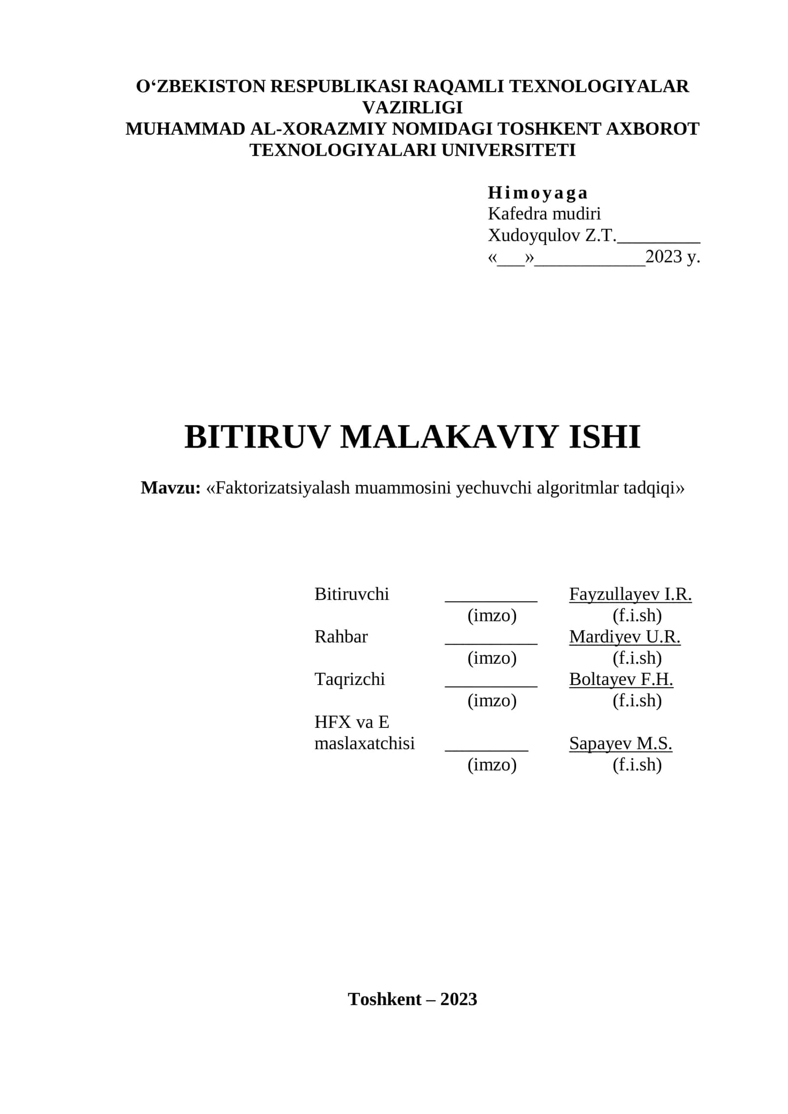 Faktorizatsiyalash muammosini yechuvchi algoritmlar tadqiqi