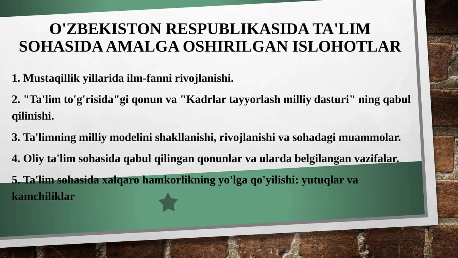 O'ZBEKISTON RESPUBLIKASIDA TA'LIM SOHASIDA AMALGA OSHIRILGAN ISLOHOTLAR