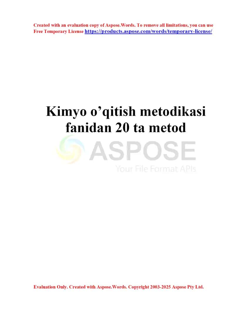 Kimyo o‘qitish metodikasi fanidan 20 ta metod