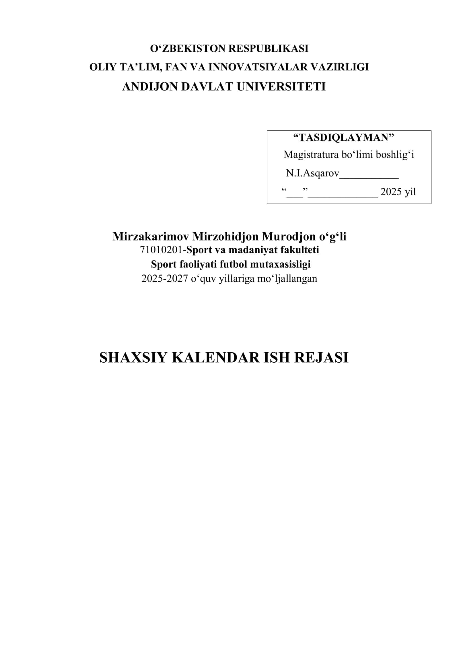 SHAXSIY KALENDAR ISH REJASI