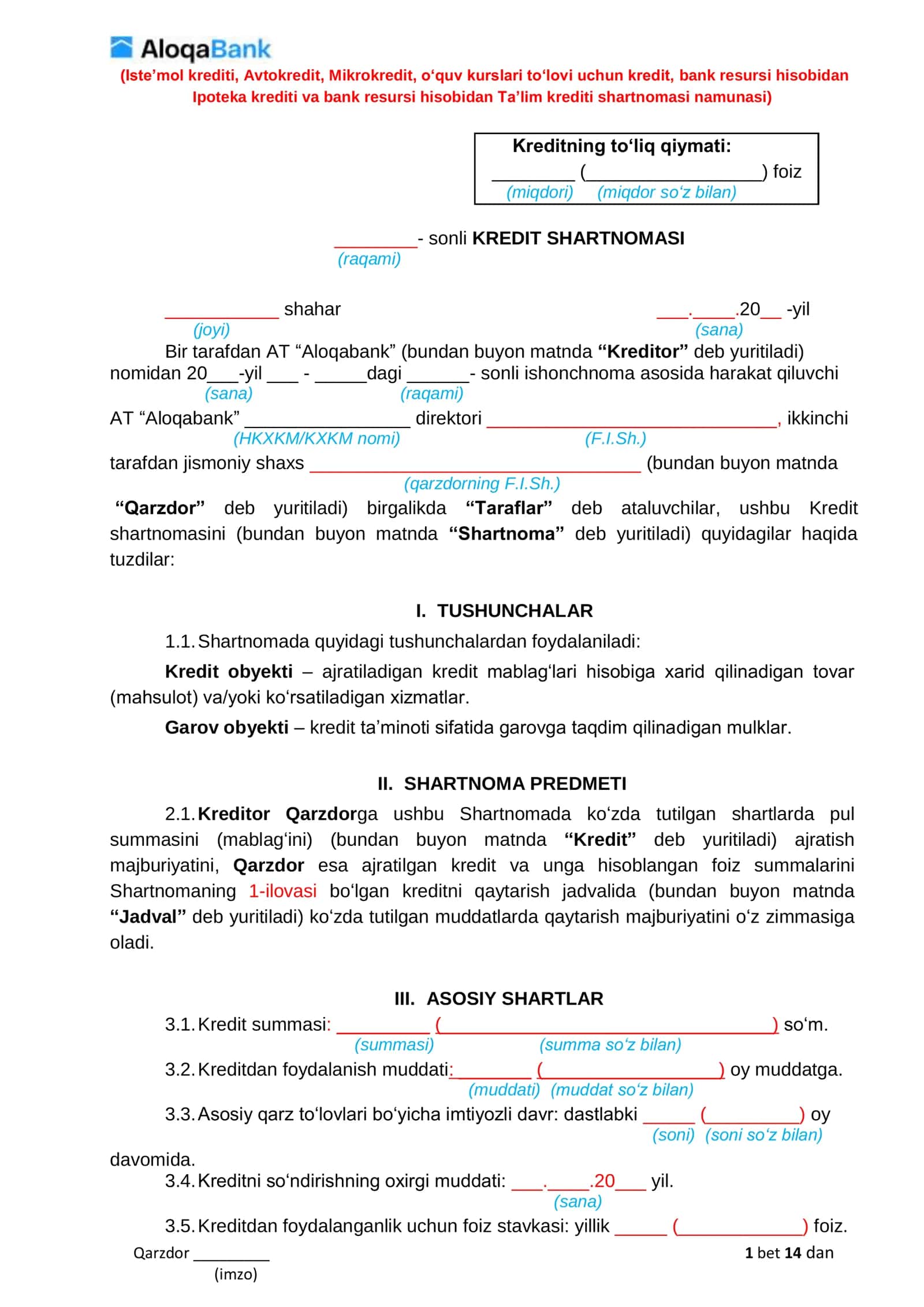 Qarzdor kredit shartnomasi