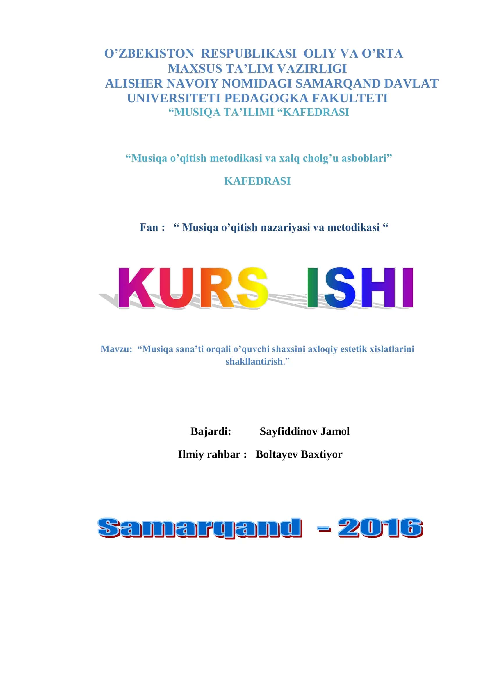 Musiqa o’qitish metodikasi va xalq cholg’u asboblari