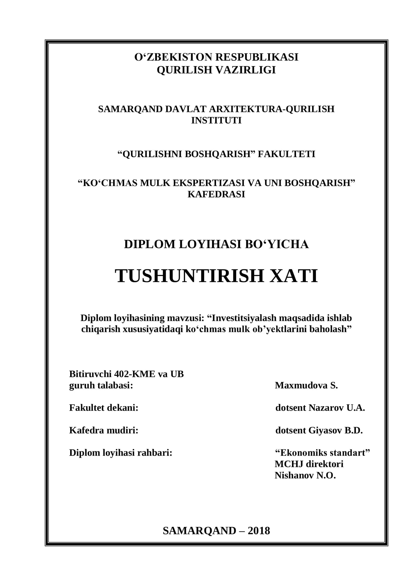 Ko‘chmas Mulk Ekspertizasi va Uni Boshqarish