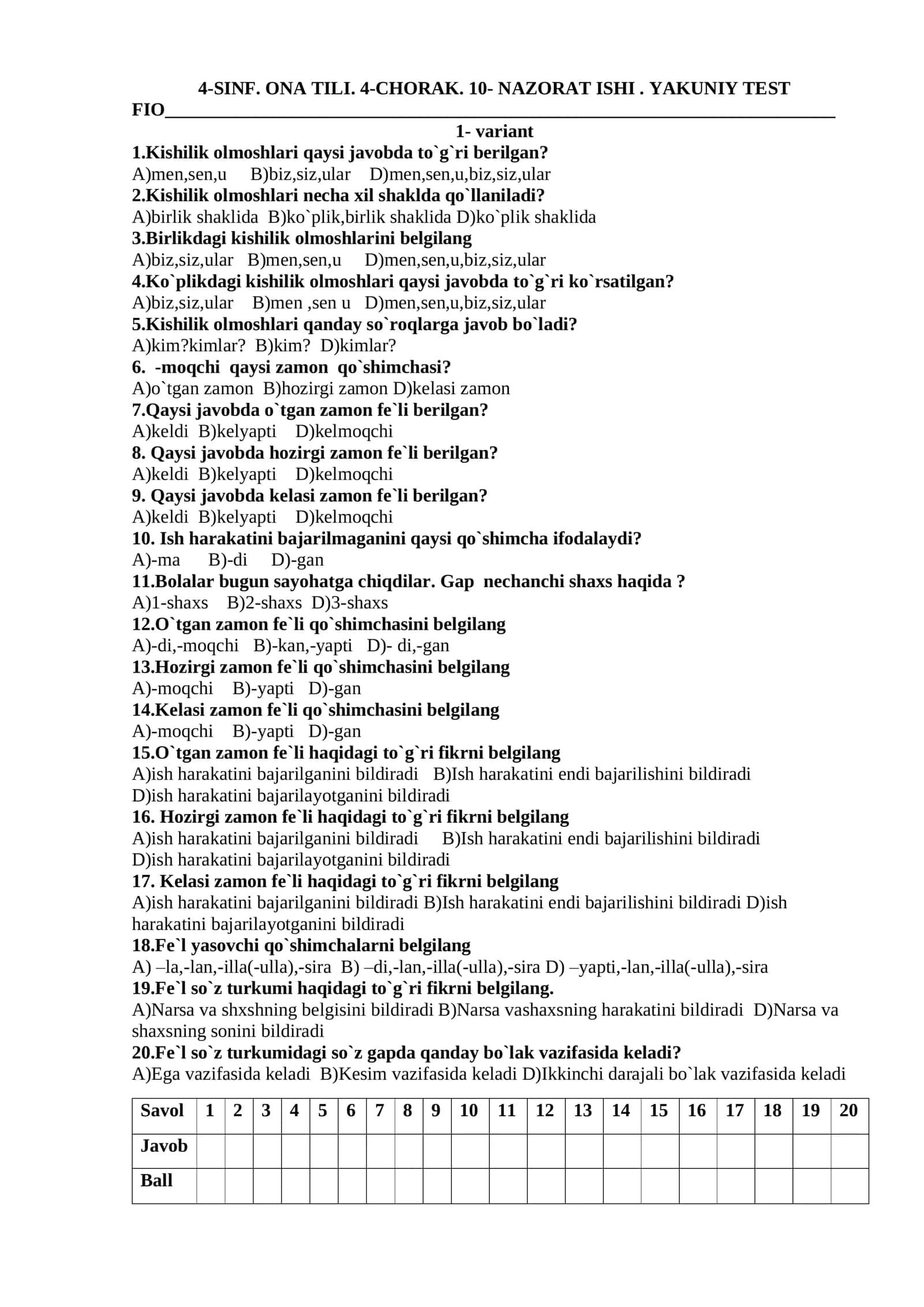 4-SINF. ONA TILI. 4-CHORAK. 10- NAZORAT ISHI. YAKUNIY TEST