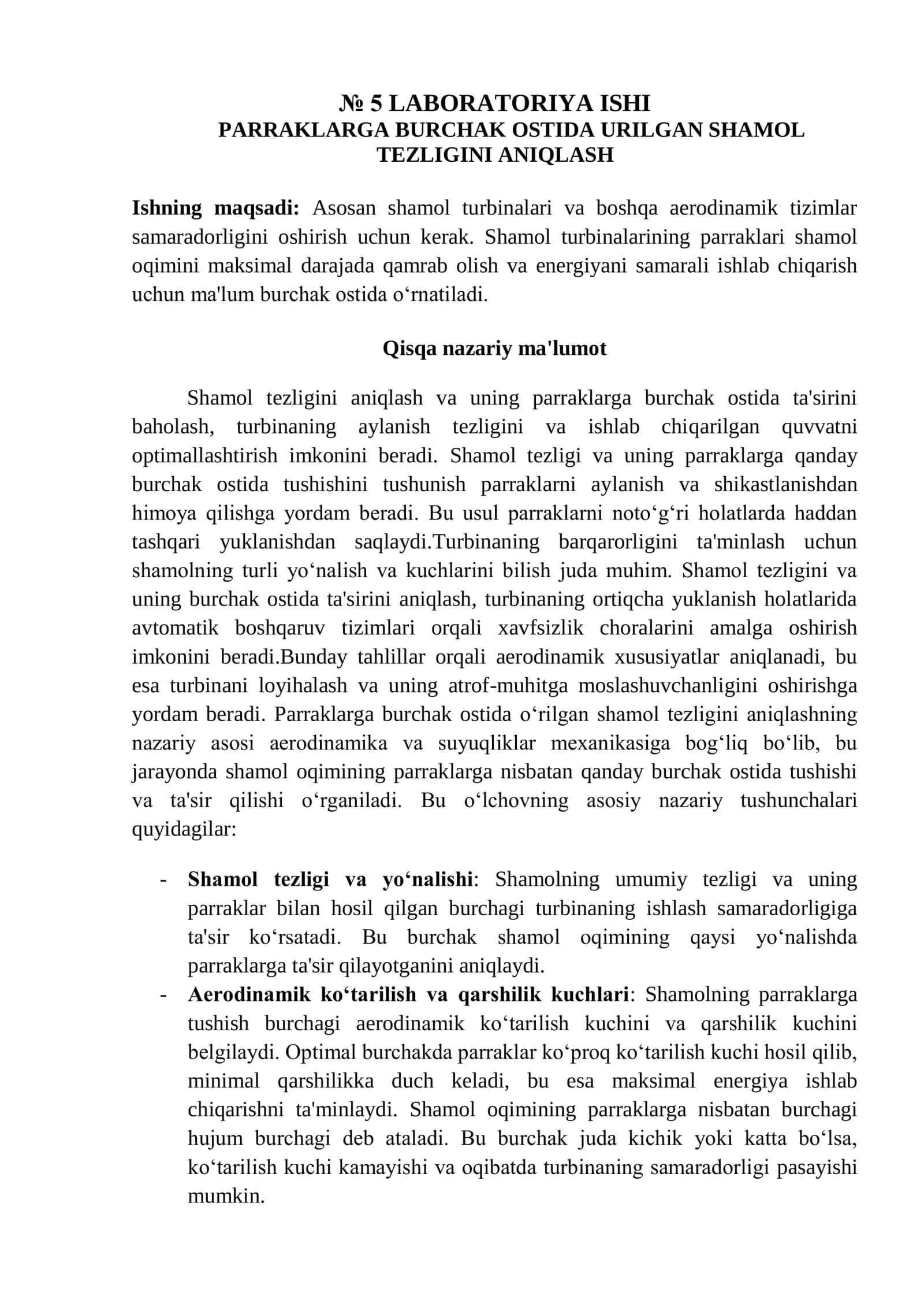 PARRAKLARGA BURCHAK OSTIDA URILGAN SHAMOL TEZLIGINI ANIQLASH
