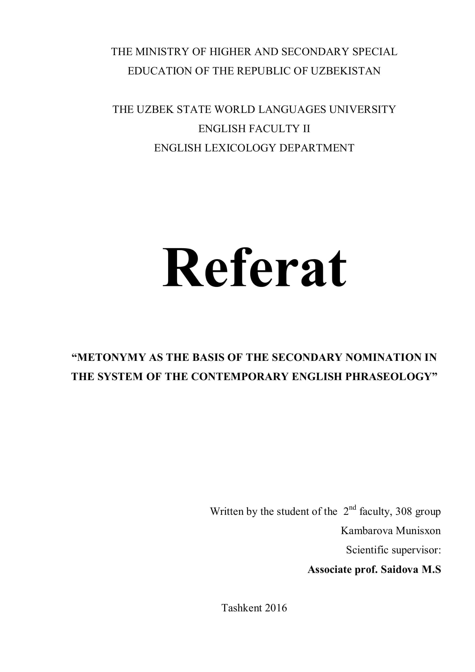Metonymy as the Basis of the Secondary Nomination in the System of the Contemporary English Phraseology
