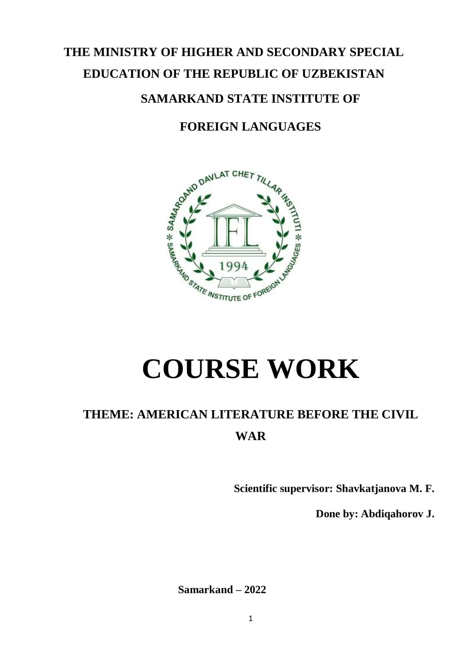 Course Work on American Literature Before the Civil War