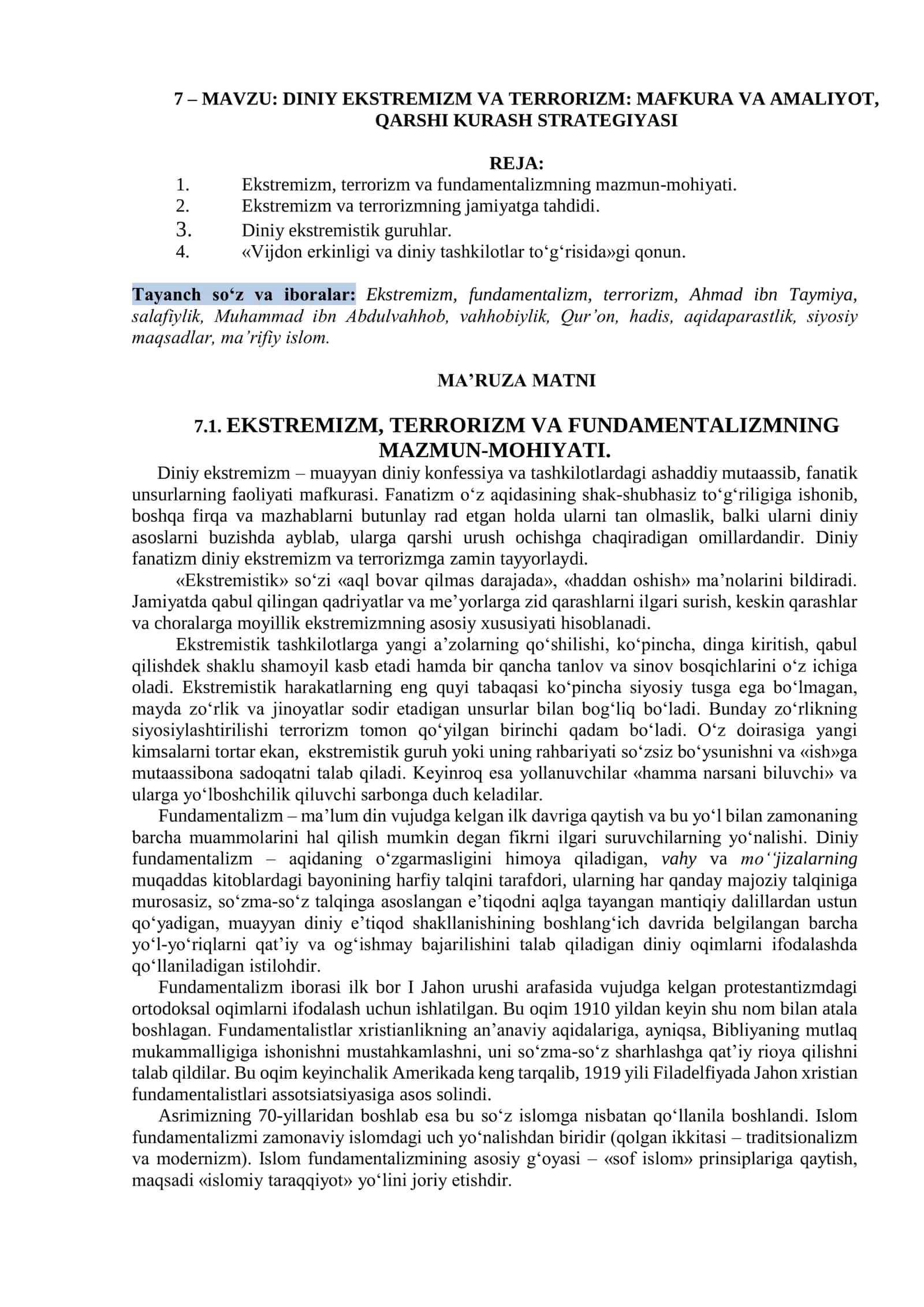 DINIY EKSTREMIZM VA TERRORIZM: MAFKURA VA AMALIYOT, QARSHI KURASH STRATEGIYASI