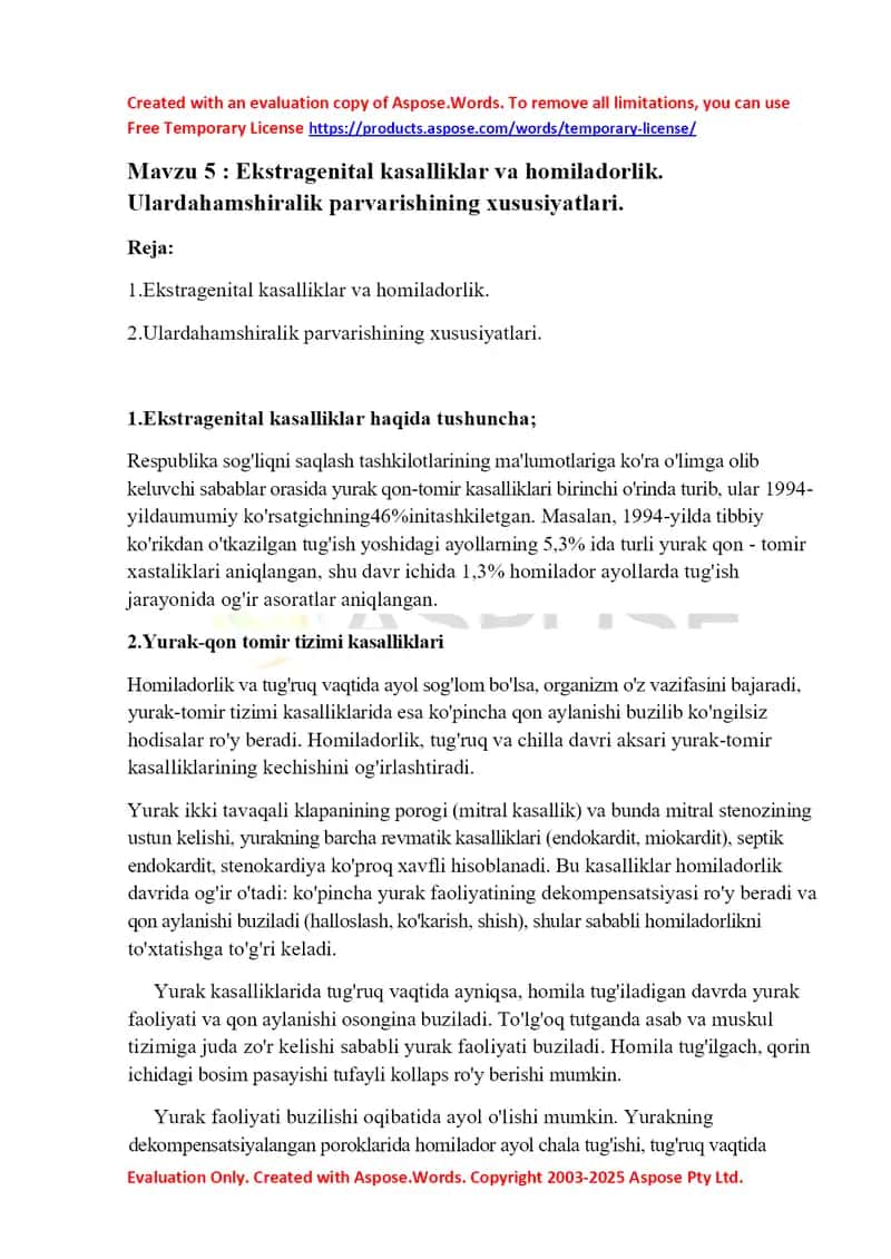Ekstragenital kasalliklar va homiladorlik. Ularda hamshiralik parvarishining xususiyatlari