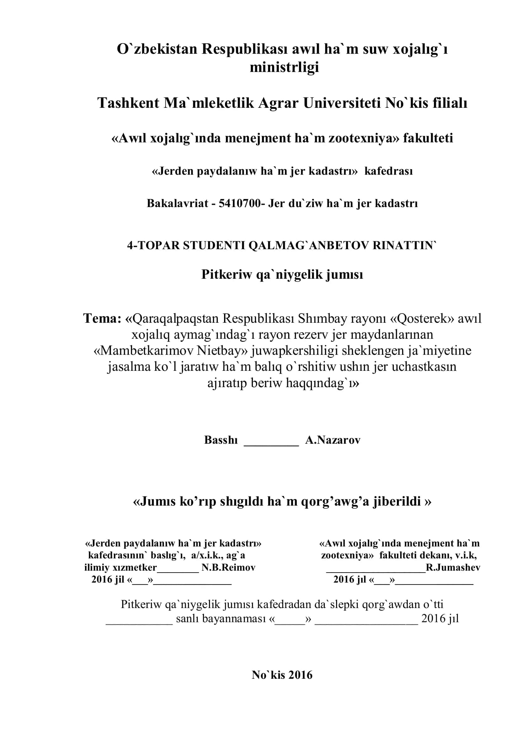 Pitkeriw qa`niygelik jumısı