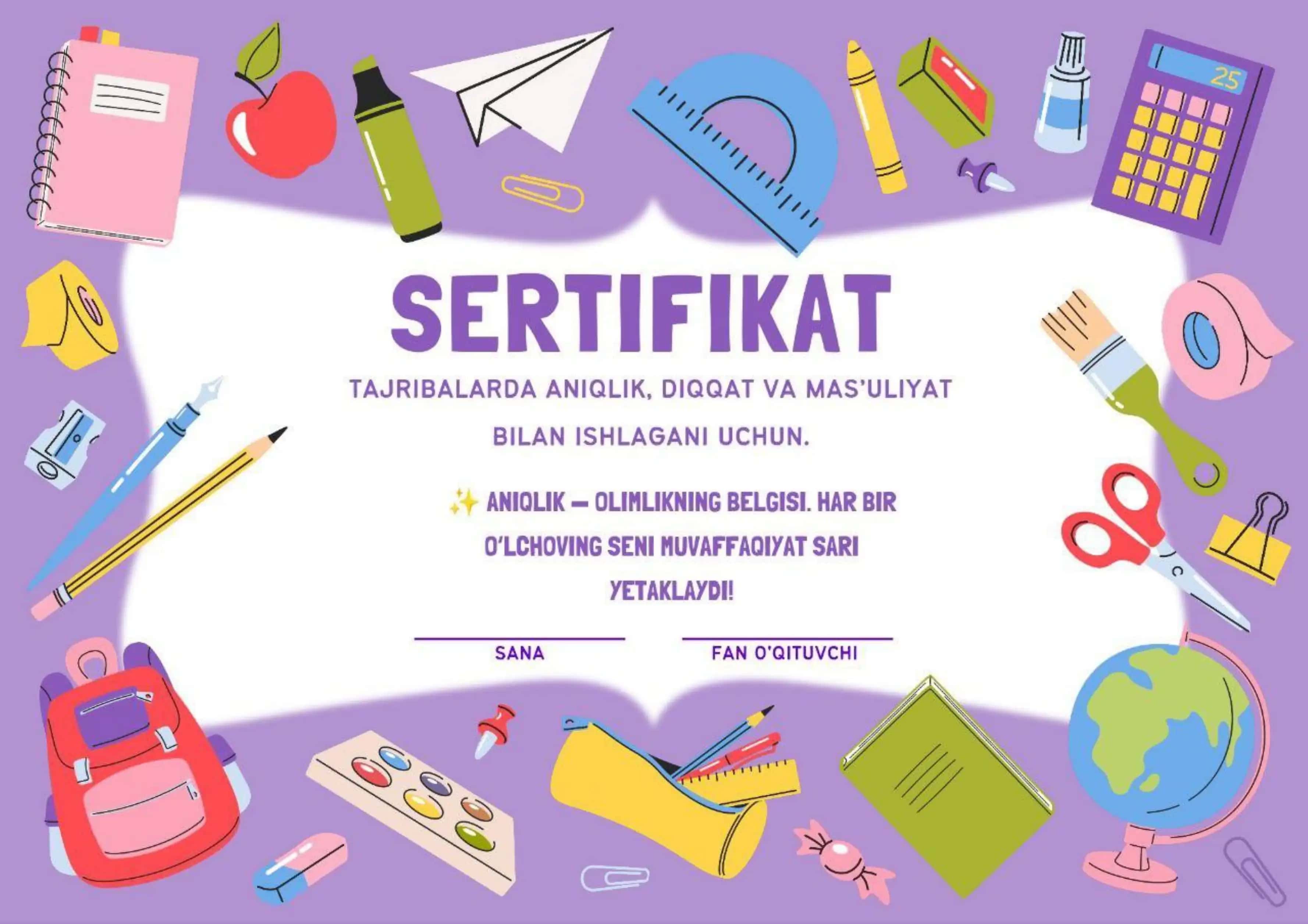 Fizika darsi uchun sertifikat diplomlar