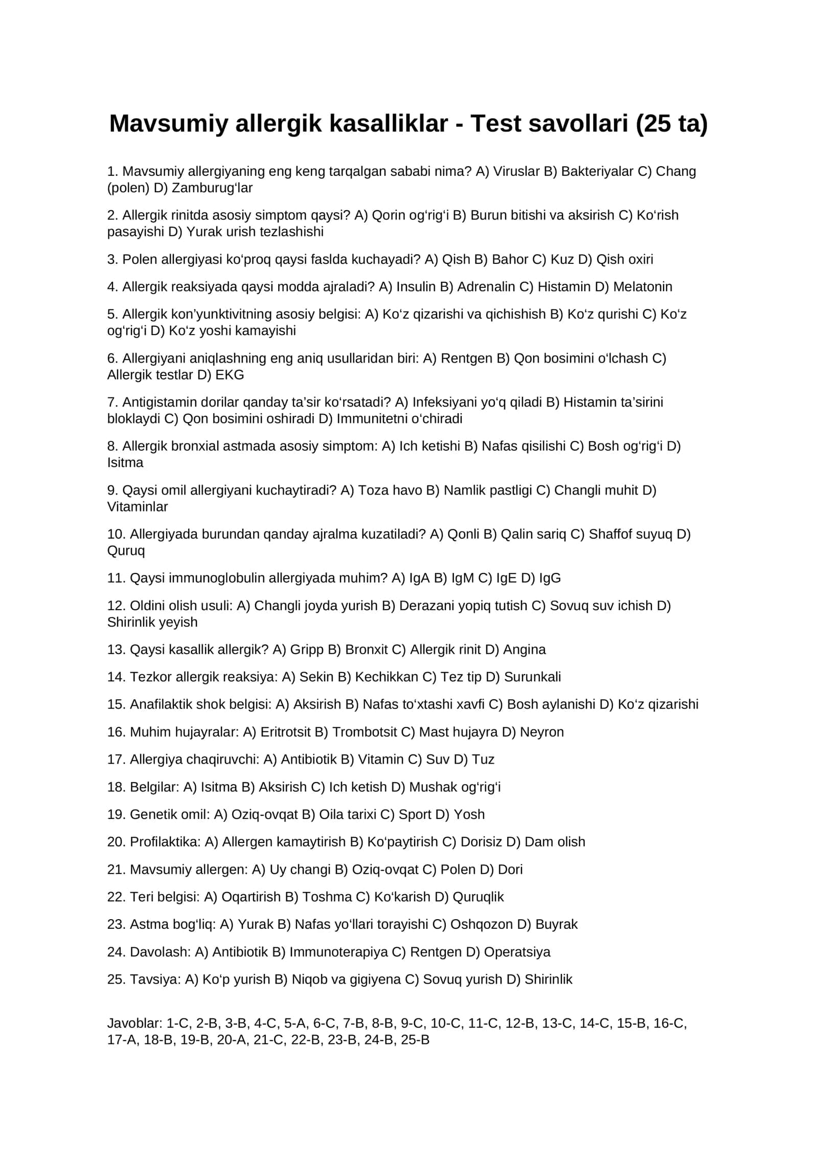 Mavsumiy allergik kasalliklar - Test savollari (25 ta)